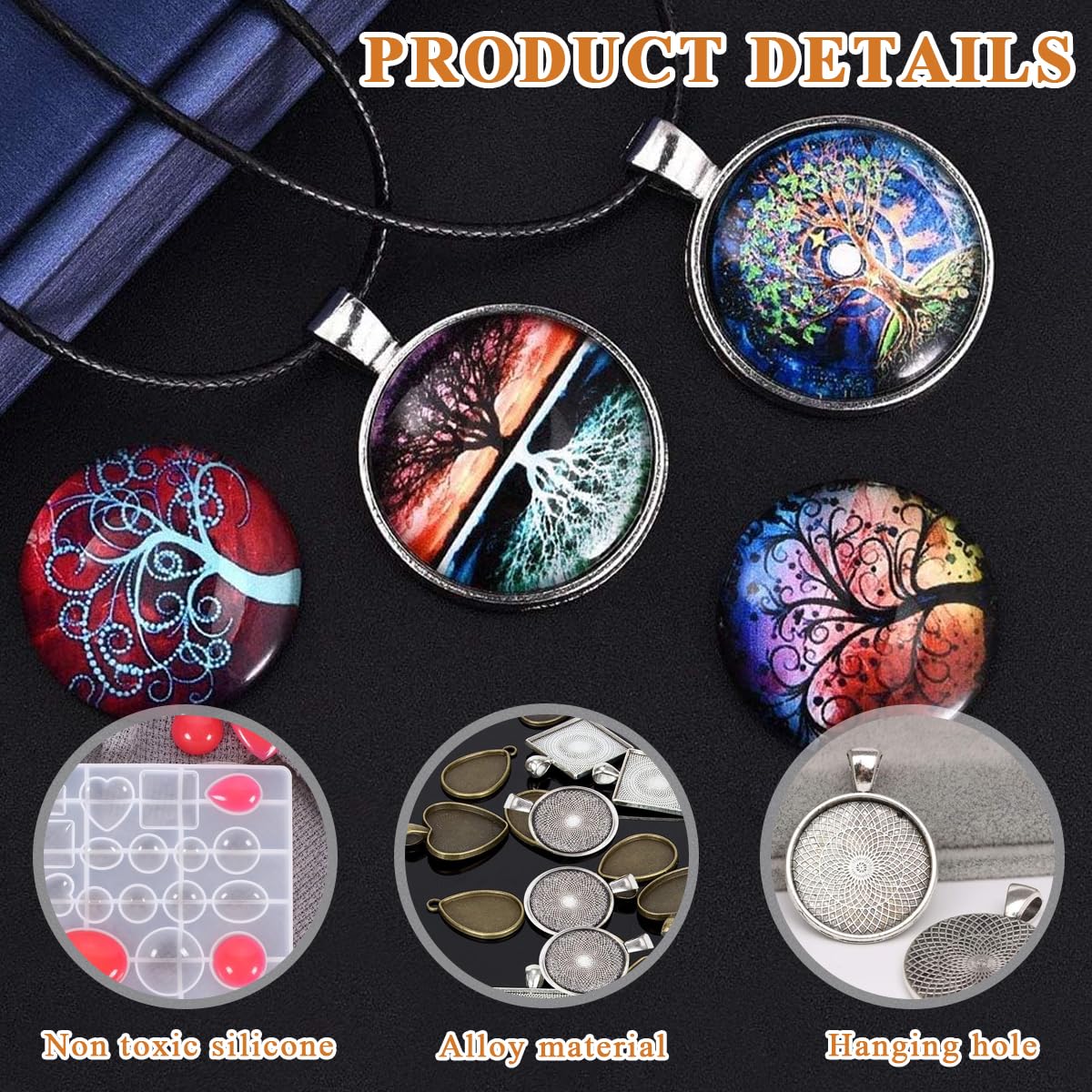 HASTHIP® Resin Molds Set Pendant Trays DIY Jewelry Making Resin Molds Set, 30Pcs 5 Styles Metal Pendant and 1 Pc Silicone Epoxy Jewelry Casting Molds for Pendant Crafting DIY Jewelry Gift Making