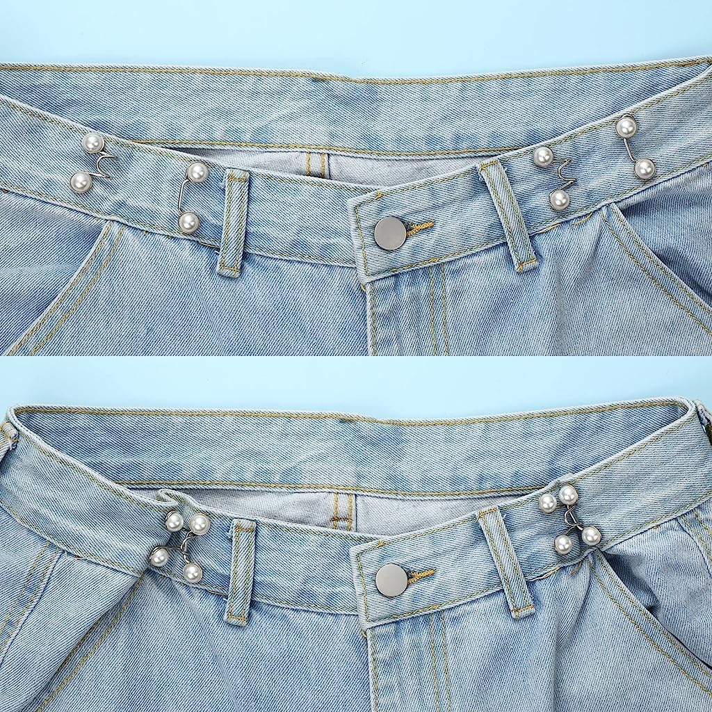 Venzina Jeans Button Pants Adjustable Waist Buckle for Loose Jeans with Pearl & Crystal Style | 4 Pairs No Sewing Metal Pins