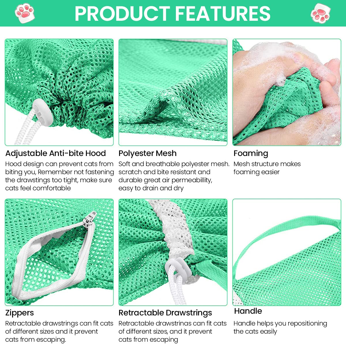 Qpets® 23*16*14 Inch Cat Bathing Bag Anti-Scratch Cat Grooming Mesh Bag for Bathing, Nail Trimming, Medicine Taking, Injection, Adjustable Multifunctional Breathable Restraint Shower Bags(Green)