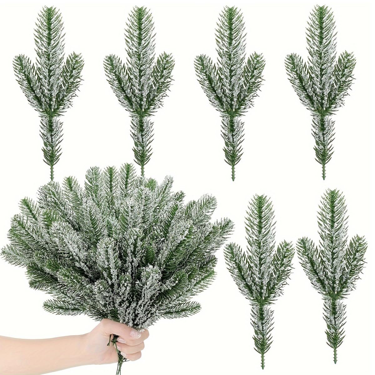 HASTHIP® 30pcs Christmas Tree Ornaments 10.24inches Snow-Dusted Pine Branches Green Flocked Pine Needle Branches Multi Purpose Decorative Christmas Pine Branches for Garland Wreath Home Garden Decor