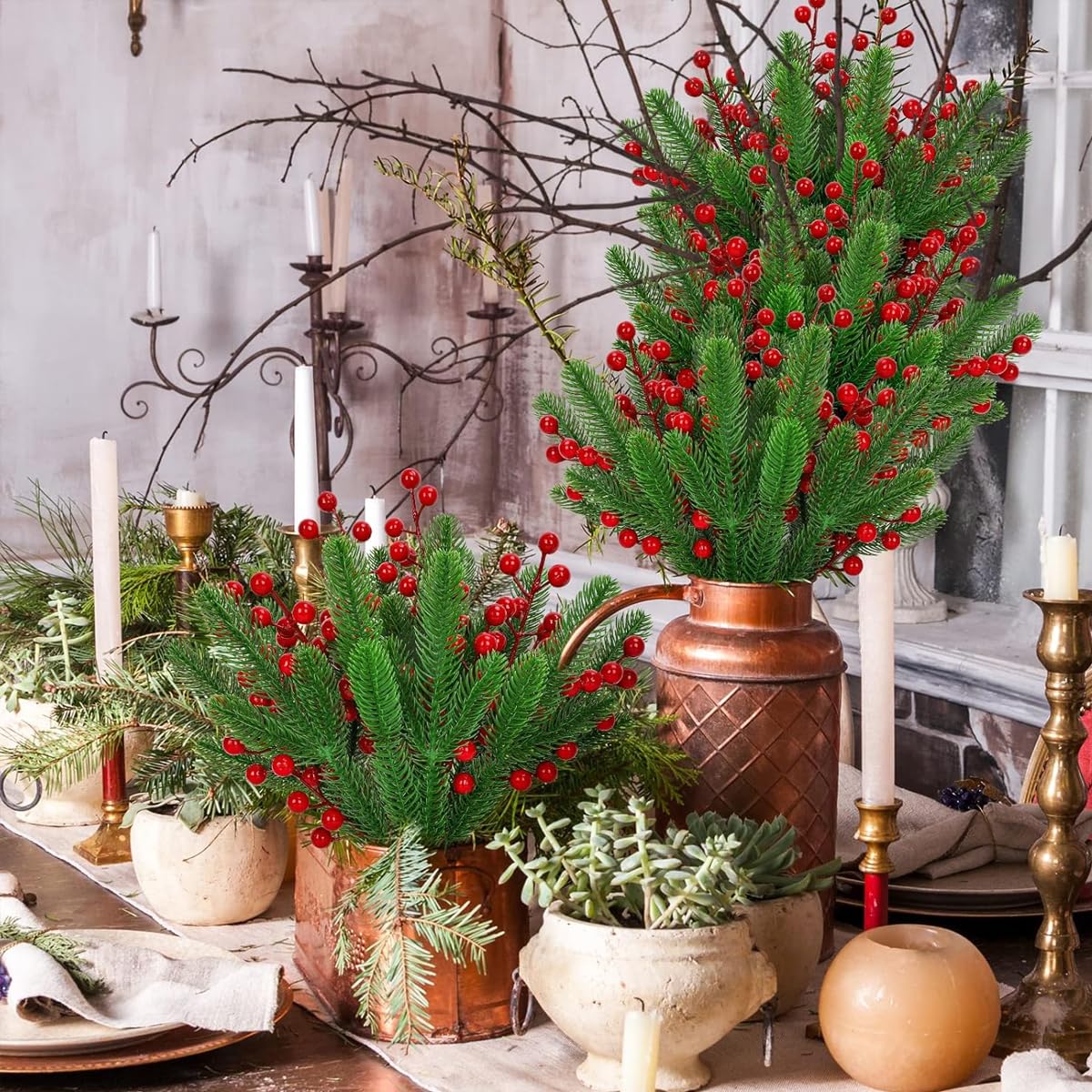 HASTHIP Christmas Pine Branches for Xmas Decor with 35 Pine Picks and 10 Red Berry Stems | Realistic Artificial Needles for Tree Garland and Wreaths