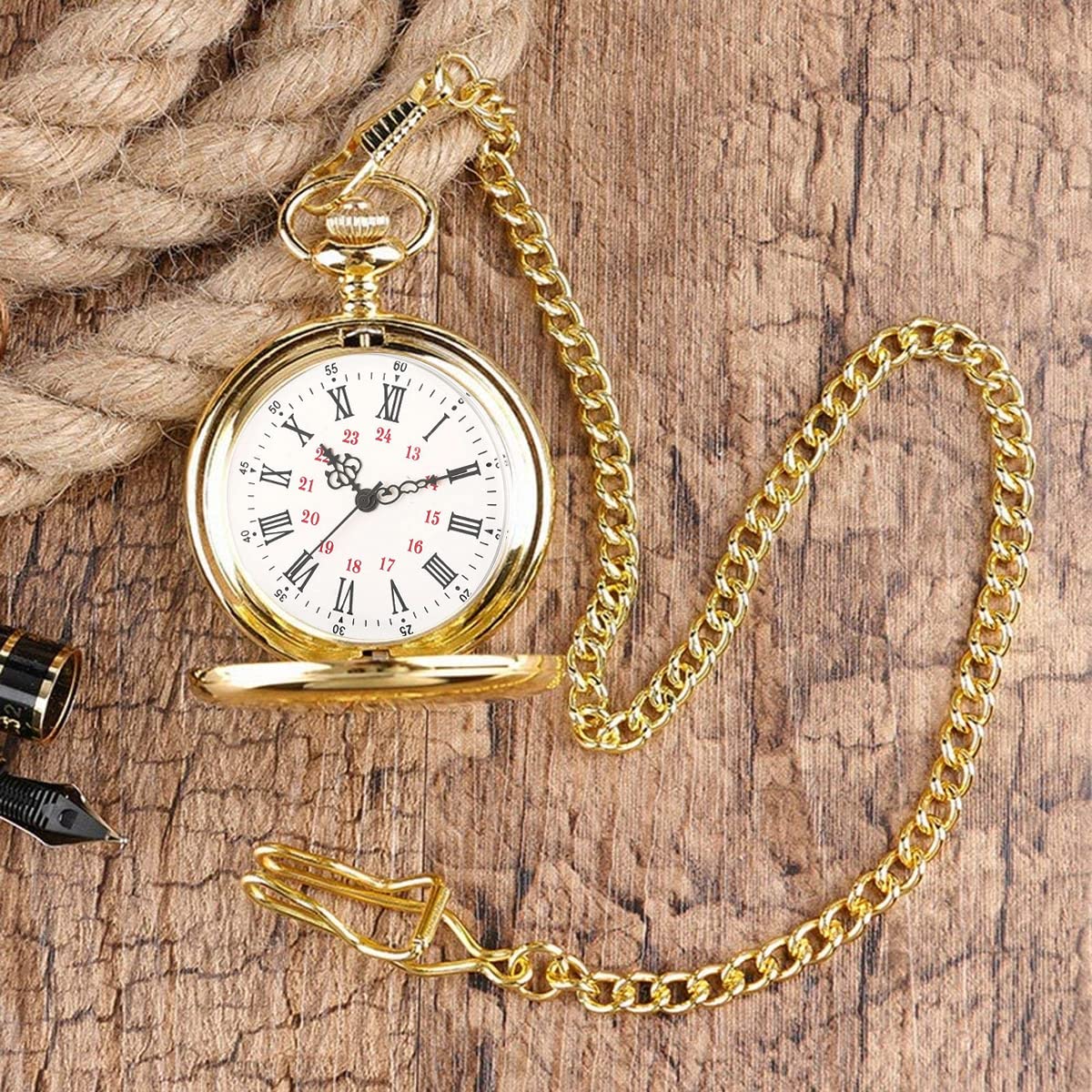 HASTHIP Pocket Watch with Chain for Men Gift for Son Creative Retro Style Alloy Pocket Watch Special Birthday Gift for Your Son 4.8cm Diameter, Golden