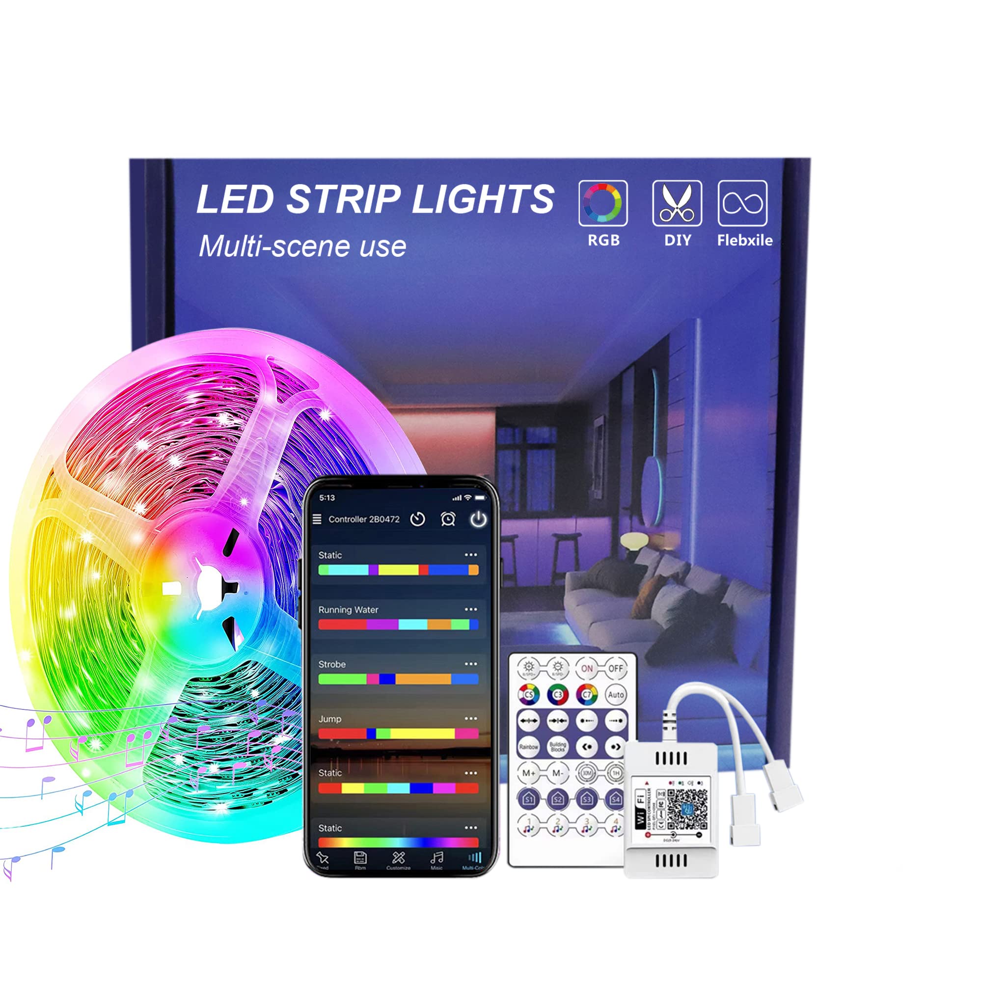 ELEPHANTBOAT RGBIC LED Strip Lights for Home Decoration with Music Sync and WiFi App Control 5M