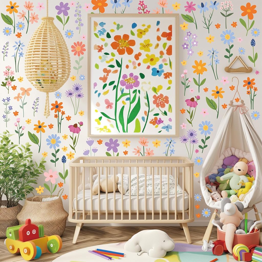 HASTHIP® 8 Sheets Flower Wall Decals 102 Pcs Spring Themed Wildflower Wall Stickers Peel and Stick Fairy Floral Wall Decor for Girls Bedroom Living Room Nursery Home