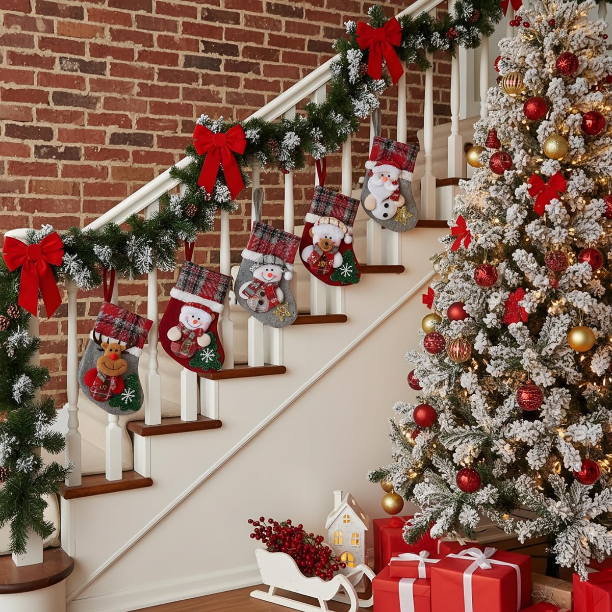 HASTHIP Christmas Stockings Set for Tree and Home with Santa Reindeer Bear Snowman Prints 13x17cm | 4Pcs Fabric Hanging Decorations