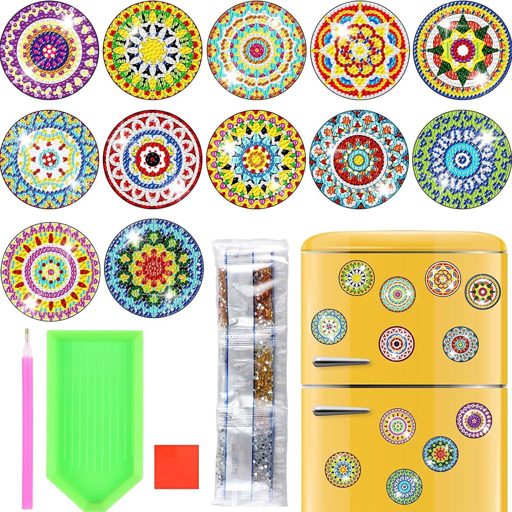 HASTHIP® DIY Diamond Painting Art Kit Set of 12 Sparkling Mandala Style Color Diamond Fridge Magnets Home Decor Stylish DIY Diamond Painting Fridge Magnets with Tools DIY Gift