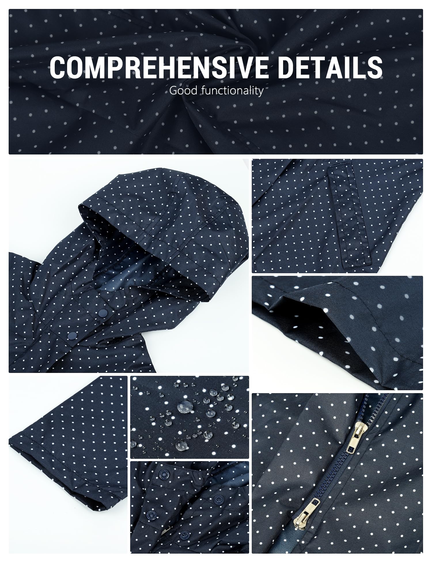 Venzina Raincoat for Women with Hood and Snap Button Front featuring Polka Dot Design | Waterproof Nylon Knee Length Jacket in Navy Blue