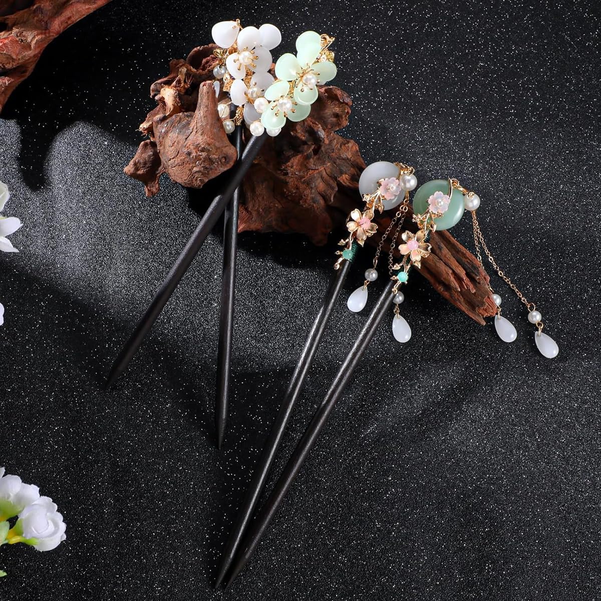 MAYCREATE Hair Stick for Bun with 7 in Wooden Design featuring Floral Charm | Set of 4