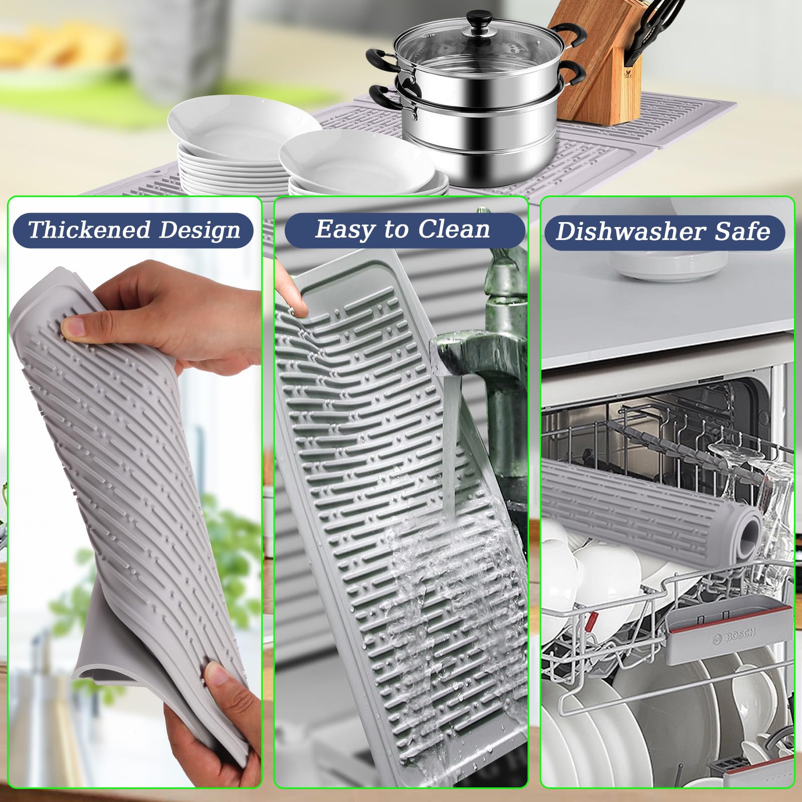 Supvox Silicone Dish Drying Mat for Kitchen Utensils 24 x 13 in with Trifold Design | Heat Resistant and Slip Proof