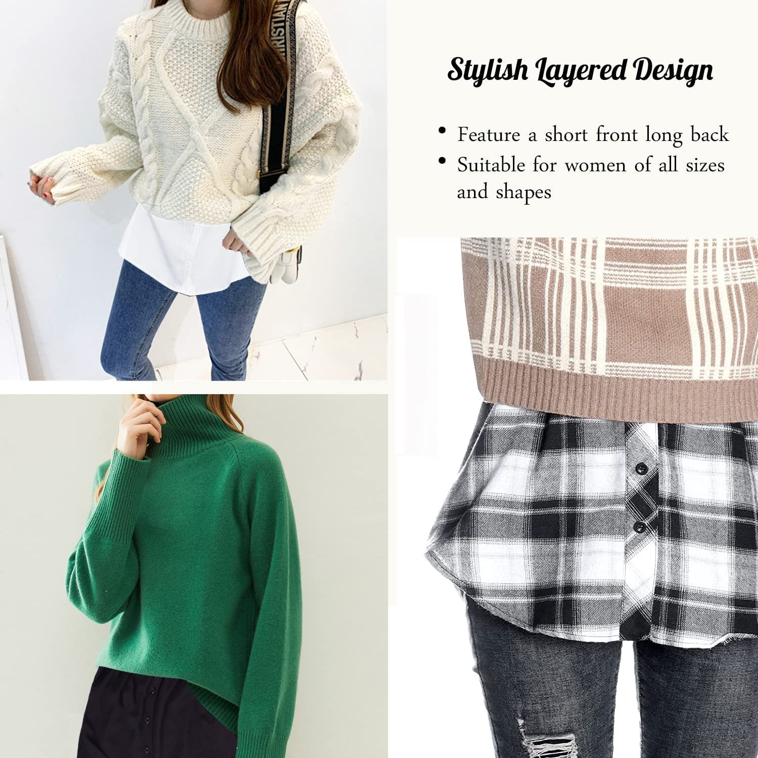 GUSTAVE Shirt Extender for Women featuring Elastic Waist and 15.7 in Length | Black & White 2pcs