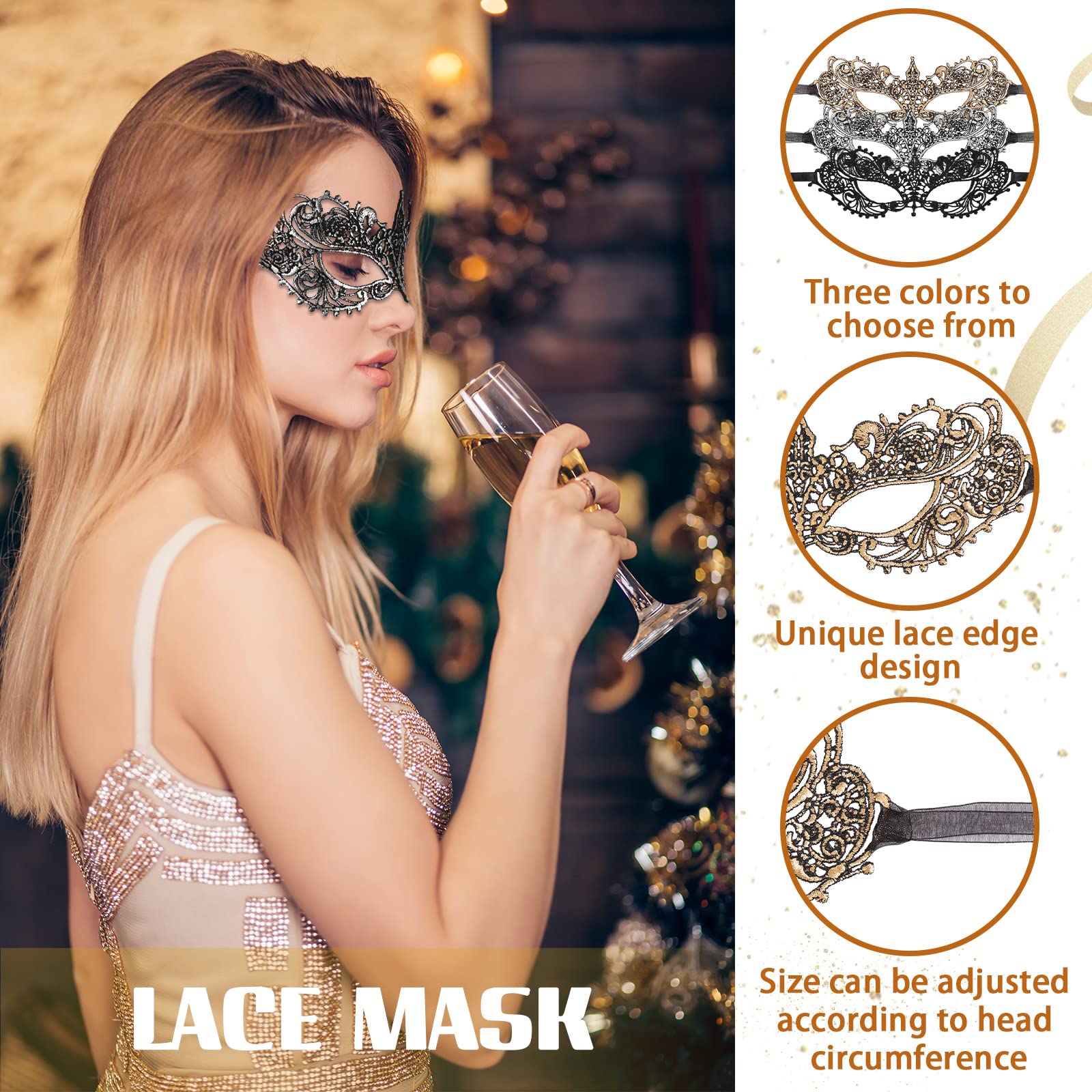 PATPAT® 3Pcs Masquerade Masks Lace Eye Mask, Women Halloween Mask Lady Girl Party Mask for Party Masquerade Costume Halloween (Black+Gold+Silver)