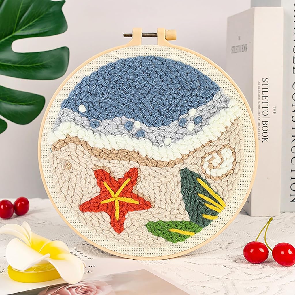 PATPAT® Punch Needle Art Kit DIY Punch Needle Art Beginners DIY Summer Beach Punch Needle Art with Punch Needles, Tutorial, 20x20cm Embroidery Hoop, DIY Art Gift for Kids Adults Children's Day Gift.