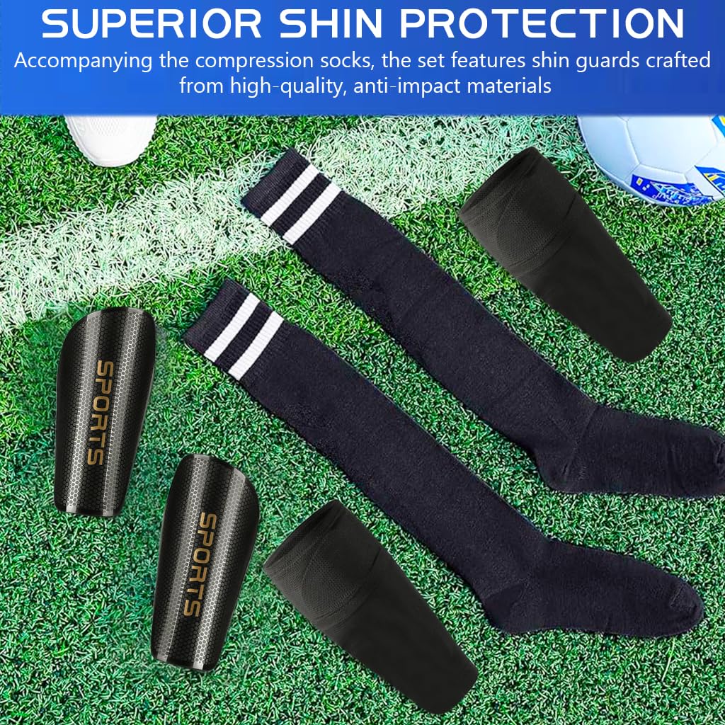 Optifit Kids Shin Guards Set for Soccer and Sports with EVA Cushioning | Includes Sleeves and Knee High Compression Socks