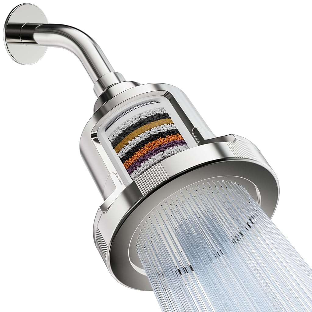 HASTHIP® Filtered Shower Head with 20-Stage Filtration System, 3.14 inch Showerhead with 5 Spray Modes, Removes Chlorine, Heavy Metals, Pressurized Shower Head with 6'' Flush-mounted Shower Arm