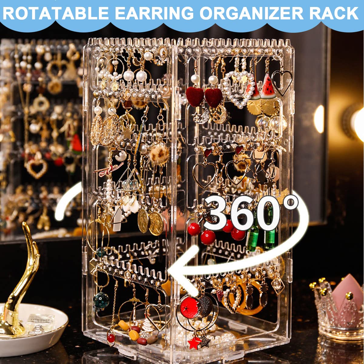 HASTHIP Earring Holder Stand Jewelry Organizer, 360 Rotating 5 Tiers Classic Jewellery Display Rack for Necklaces Earrings Piercings - 236 Holes and 248 Grooves, Clear