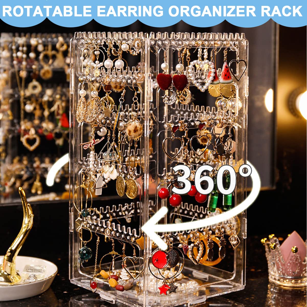 HASTHIP 360 Rotating Earring Holder for Jewelry Display with 5 Tiers and 236 Holes | Clear Plastic Stand