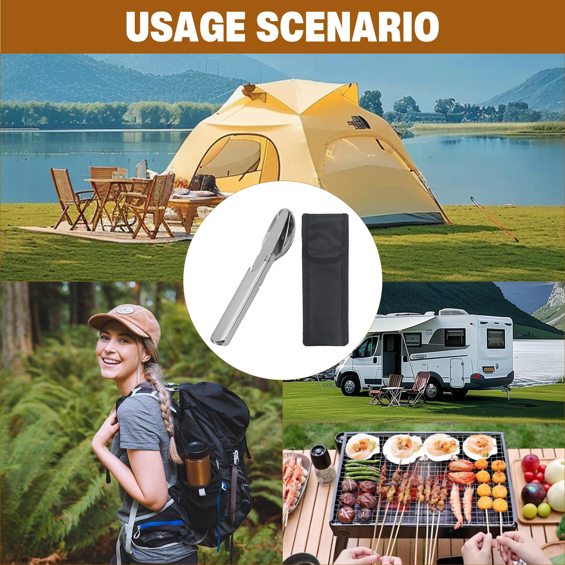 PROBEROS Camping Cutlery Set for Outdoor Meals with 6.7 in Stackable 4 in 1 Stainless Steel Design