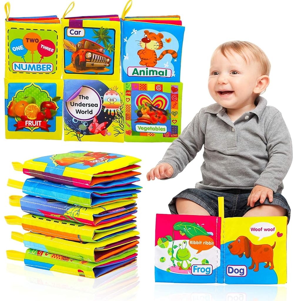 SNOWIE SOFT® 6 Pack Baby Cloth Books, 6-Themes Baby's First Book Cartoon Illustration Soft Cloth Books for Early Education Travel Activity Books Crinkle Cloth Book for Baby Aged 6-18 Months