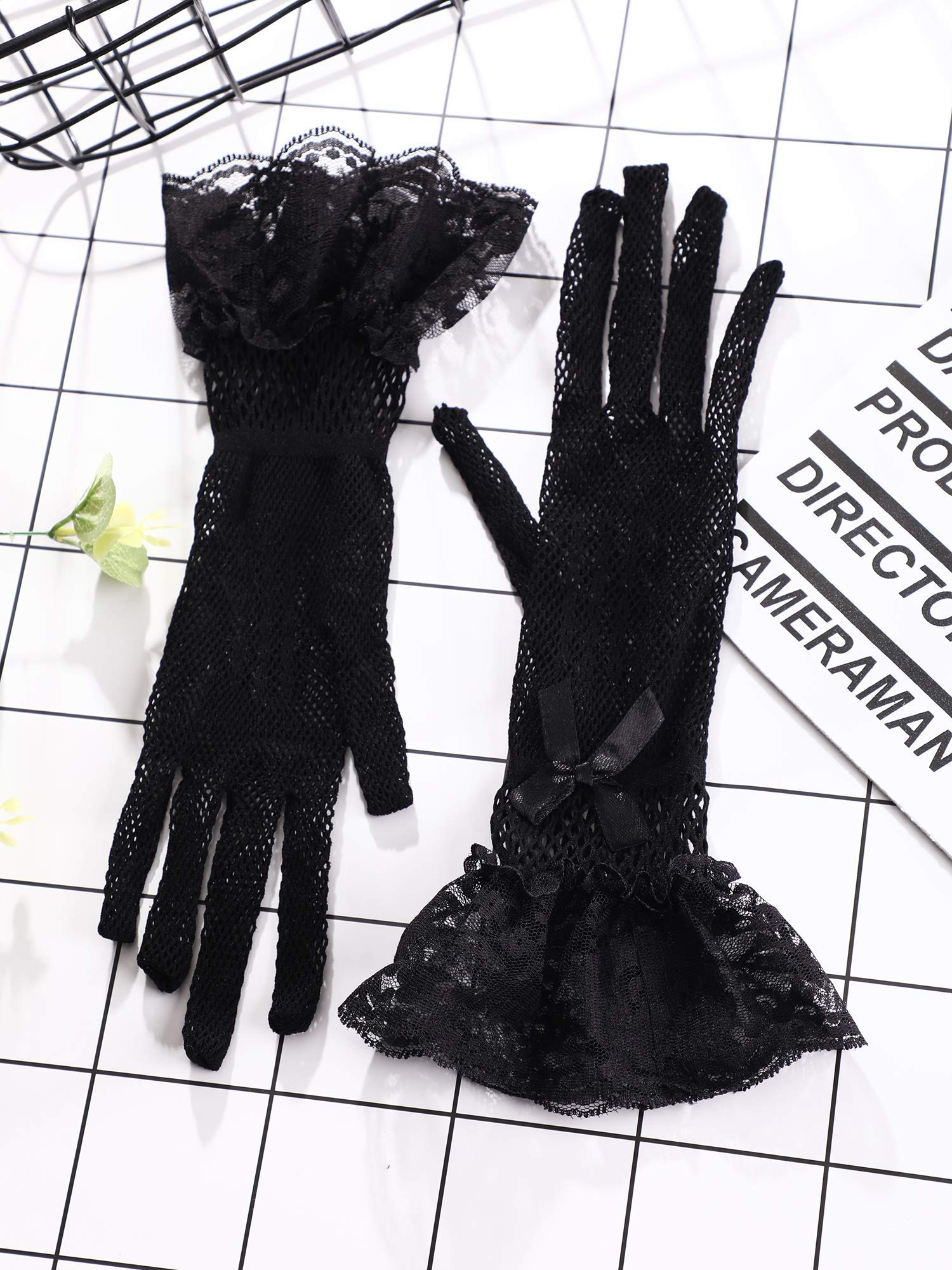 GUSTAVE Ladies Lace Gloves Elegant Short Gloves Courtesy Summer Gloves for Wedding Dinner Parties (Black)