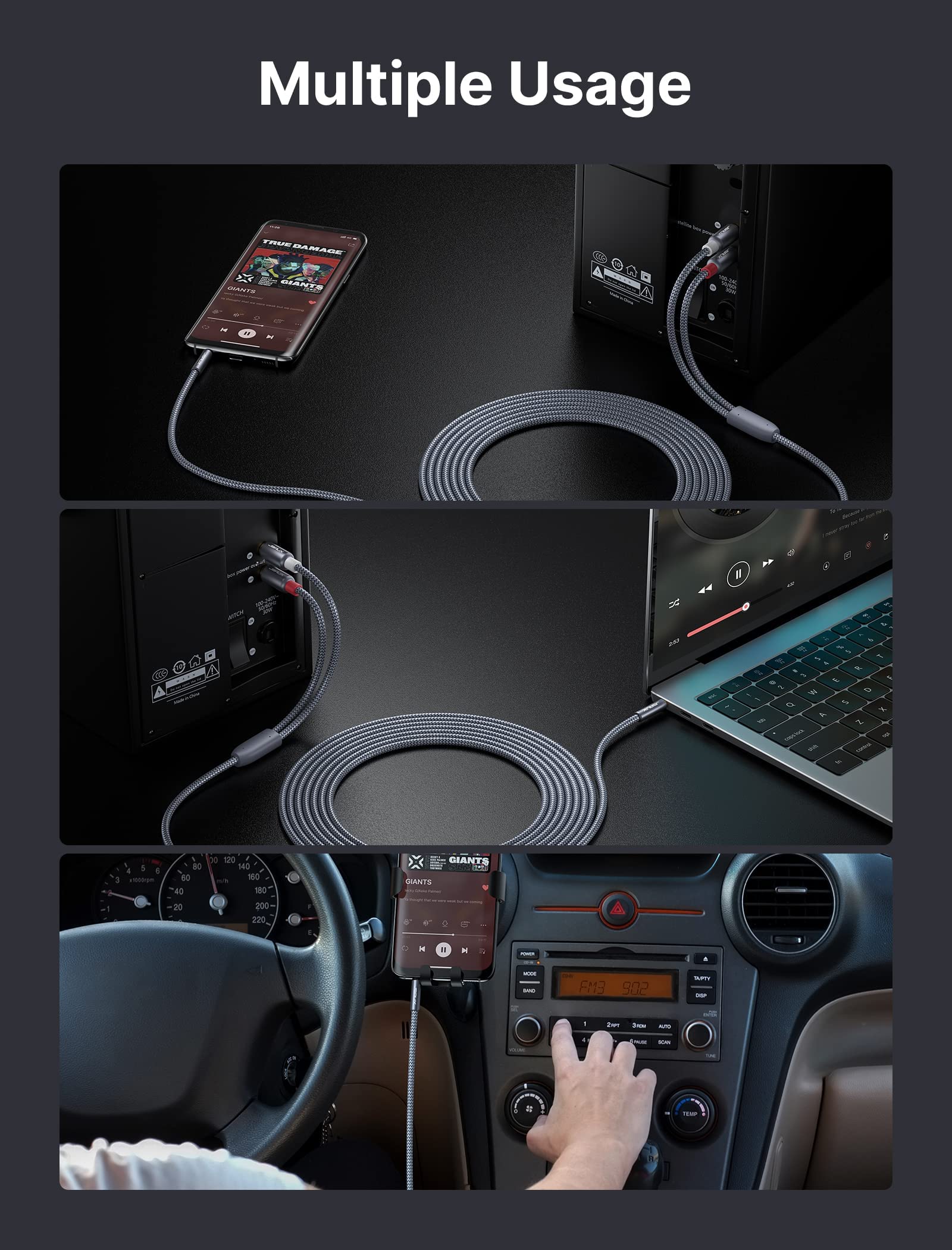 JSAUX RCA Audio Cable 3.9ft 1.2m for Smartphone and Speaker featuring Gold Plated Connectors and Nylon Braided Design