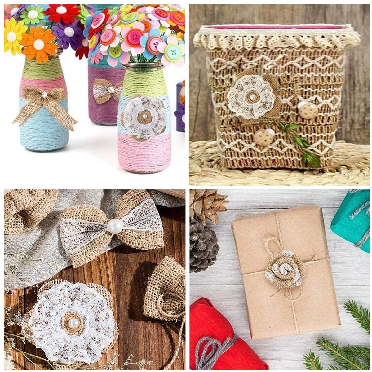 PATPAT DIY Hemp Ribbon Set for Scrapbooking with 19Pcs Lace Bows and 50m Jute Rope | Rustic Bohemian Decor