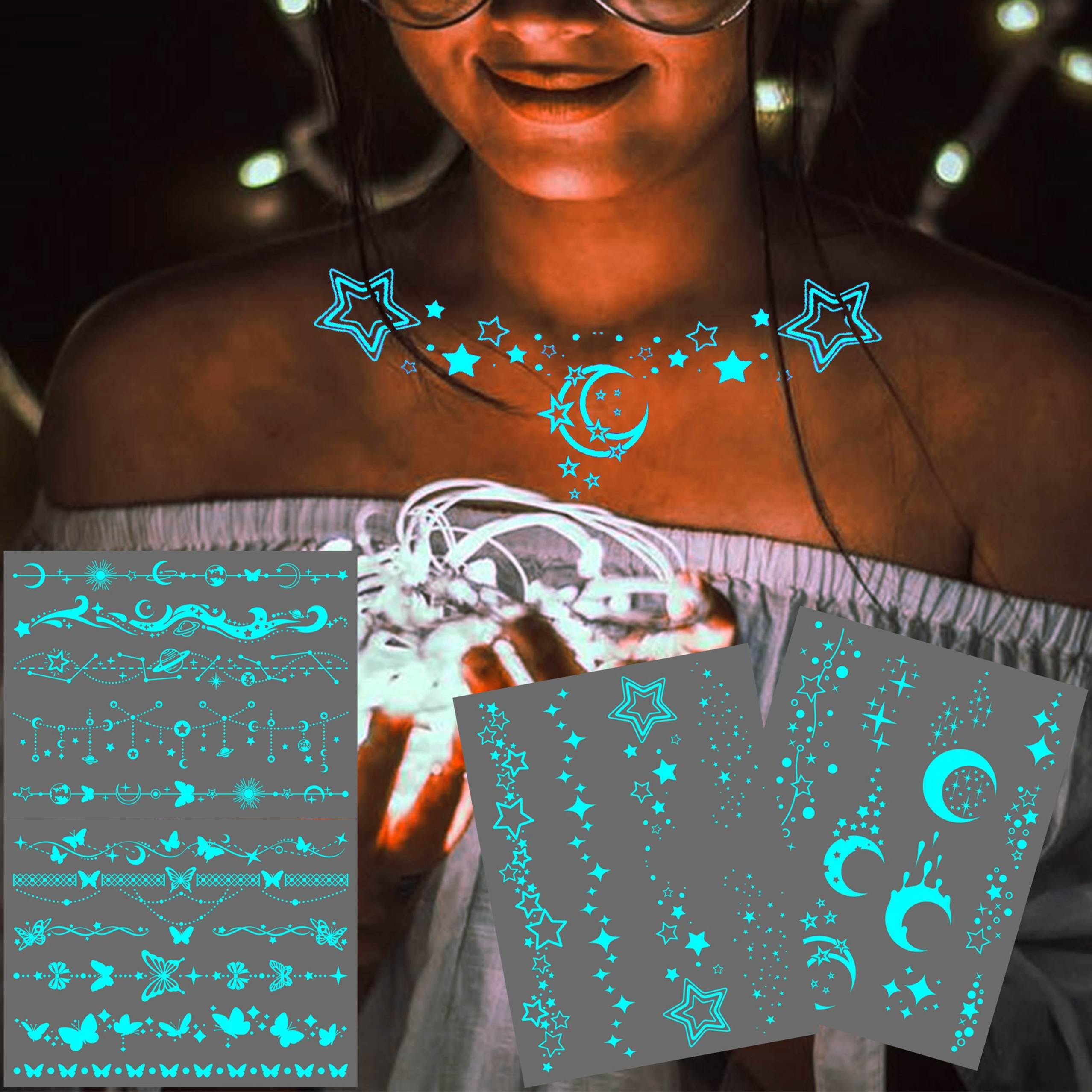 MAYCREATE® 4 Sheets Temporary Tattoos For Women Girls Luminous Star Crescent Moon Clavicle Neck Butterfly Planet Fake Necklace Glow In The Dark Tattoo Sticker Night Glitter Party Supply