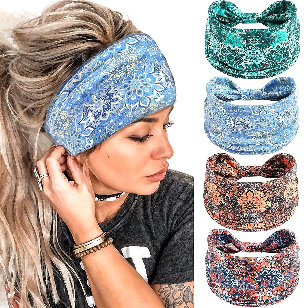 SANNIDHI Headbands for Women featuring 4 Floral Boho Designs with Stretch Fabric | Yoga and Workout Hair Wraps