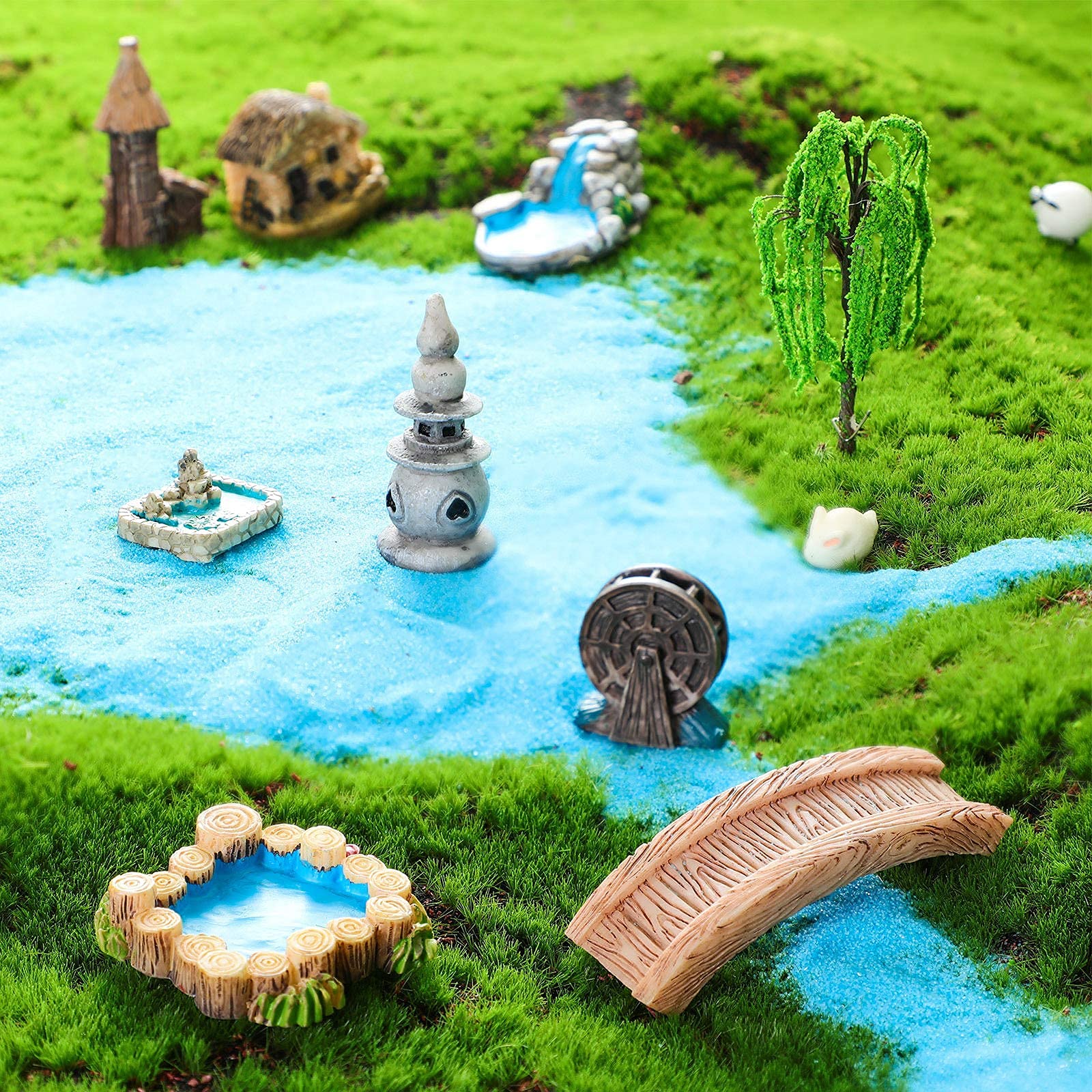 HASTHIP Miniature Garden Bridge Figurines for Fairy Decor with Resin Lighthouse and 12 Pieces Set