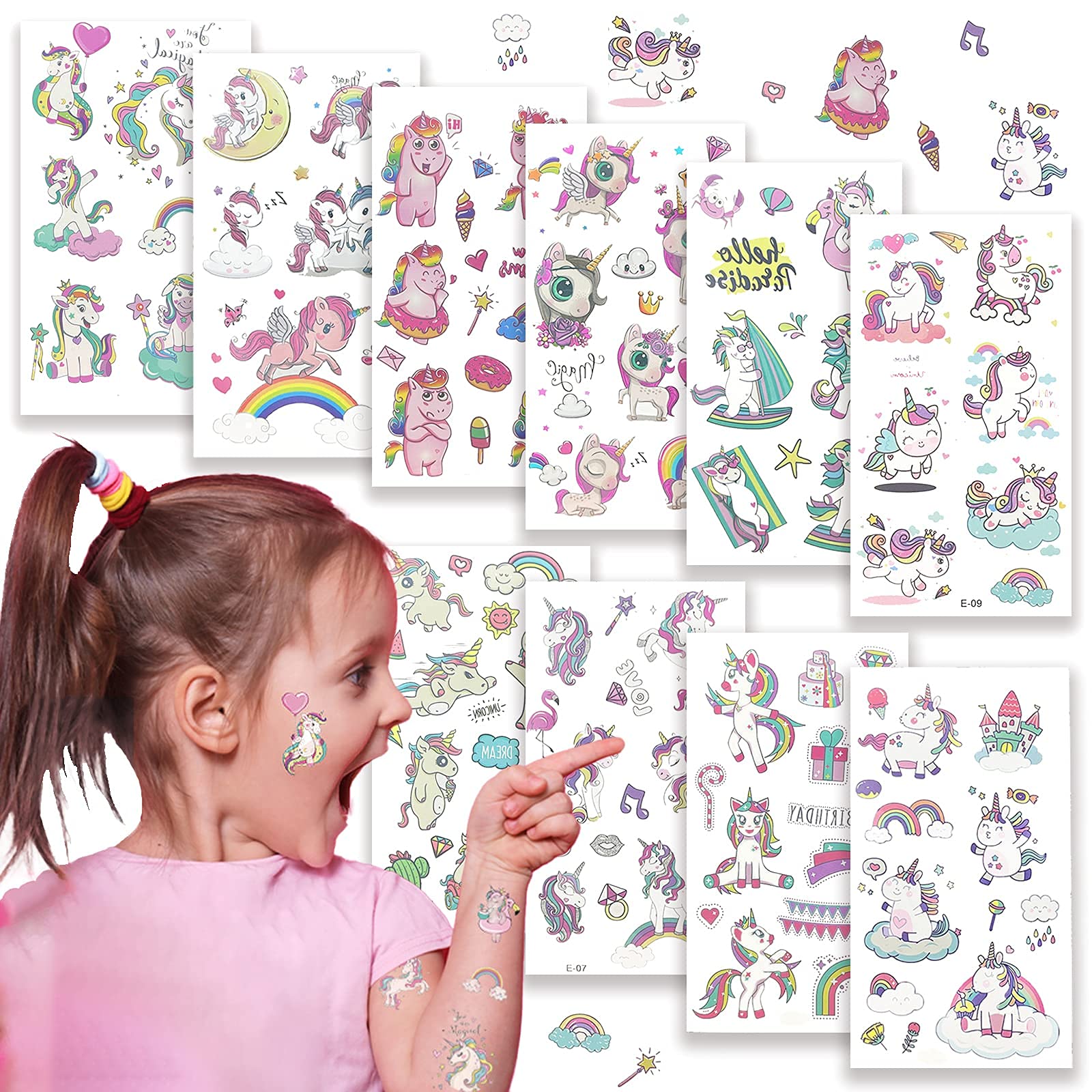 MAYCREATE  10 Sheets Unicorn Tattoos Sticker for Kids Girls 50+styles Waterproof Sweet Tattoo Stickers for Party Favors Supplies and Children Accessories Gift