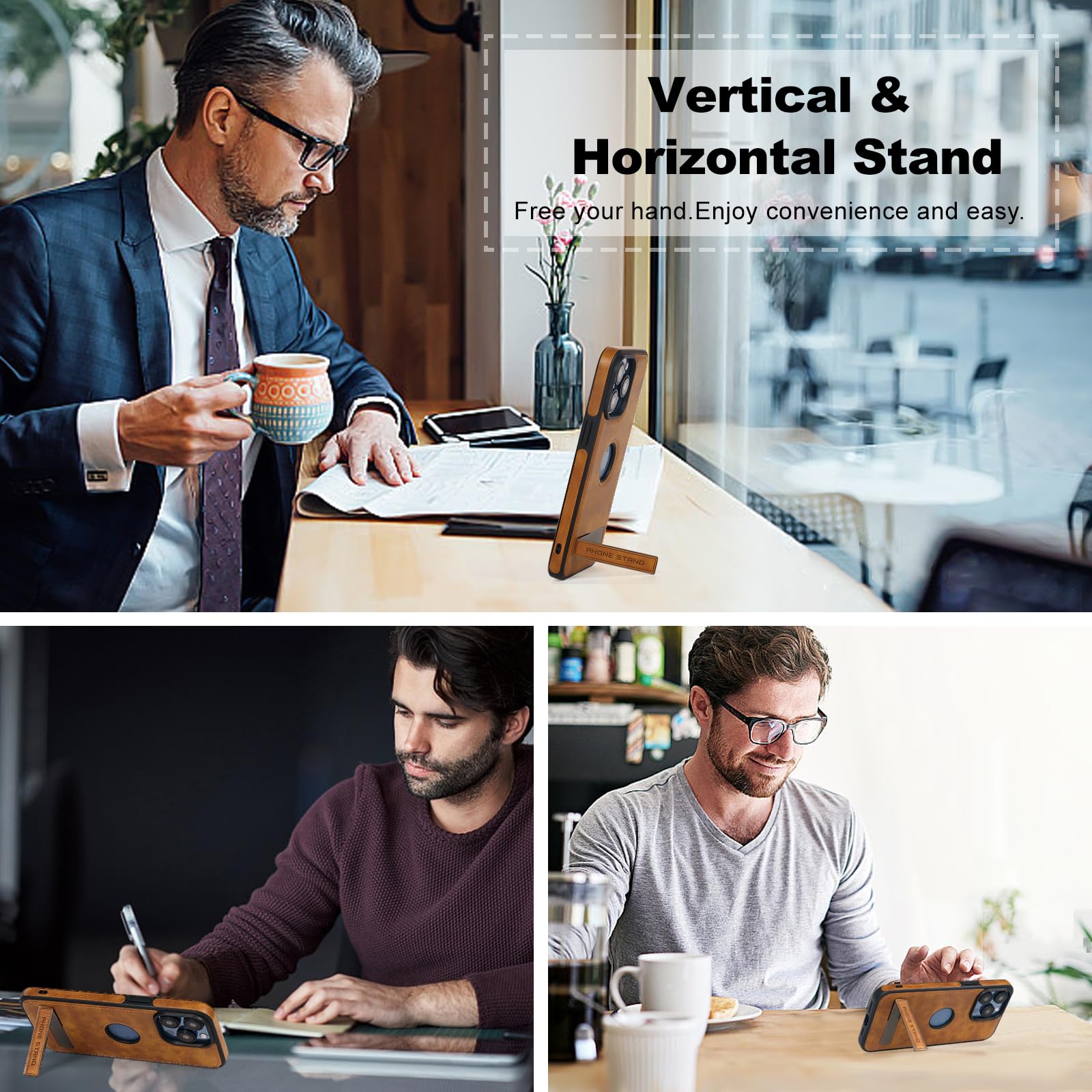 Zeitel Phone Case for iPhone 15 Pro Max with Metal Kickstand and Camera Guard | Brown PU Leather 6.7 in Cover