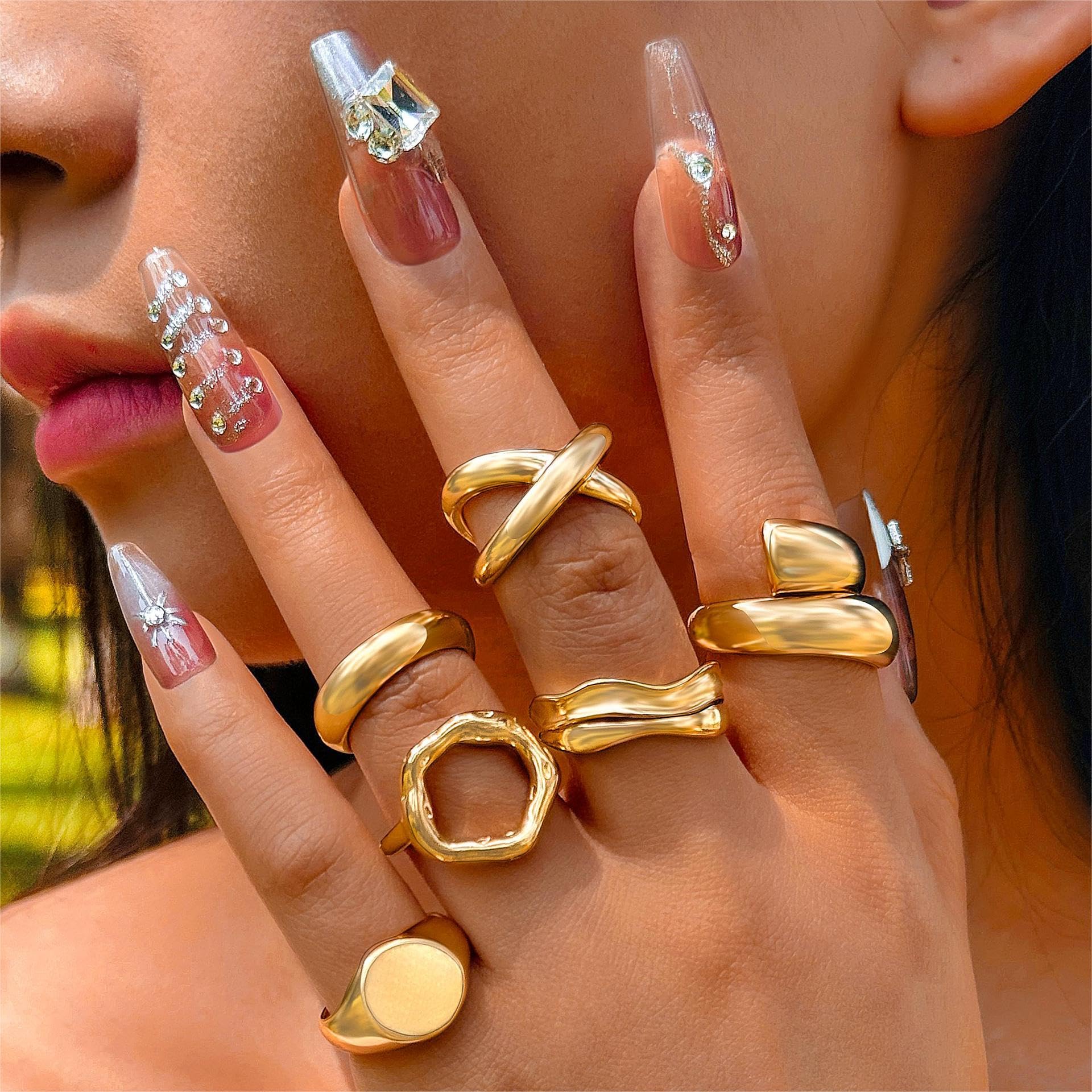 SANNIDHI Rings Set for Women with Adjustable Open Structure and Golden Alloy Finish | 6Pcs Stackable Chunky Design