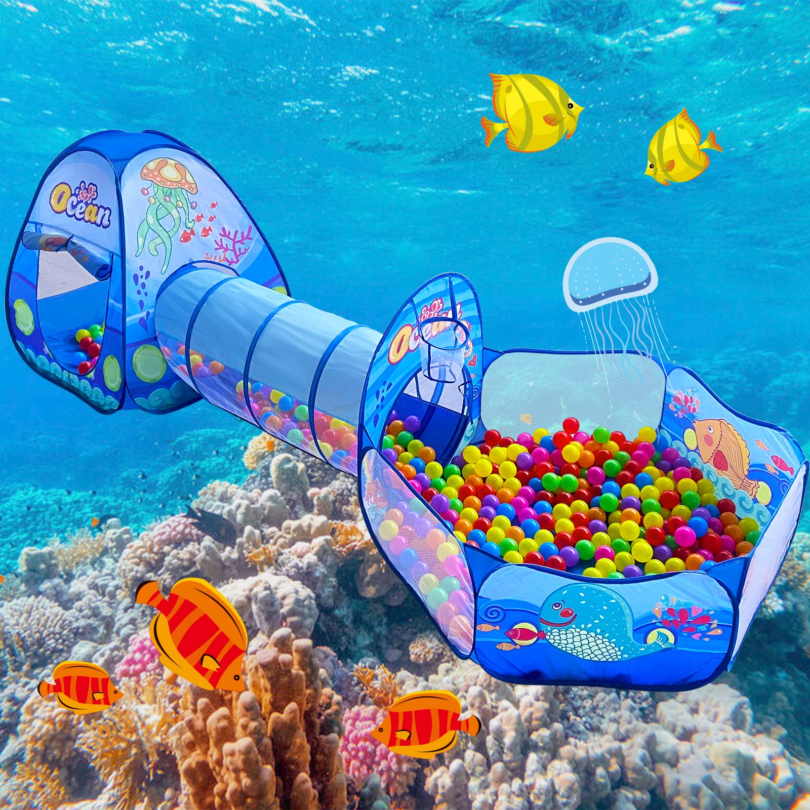 PATPAT 3 in 1 Marine Theme Play Tent for Kids with Tunnel and Ball Pool | Indoor Outdoor Toy