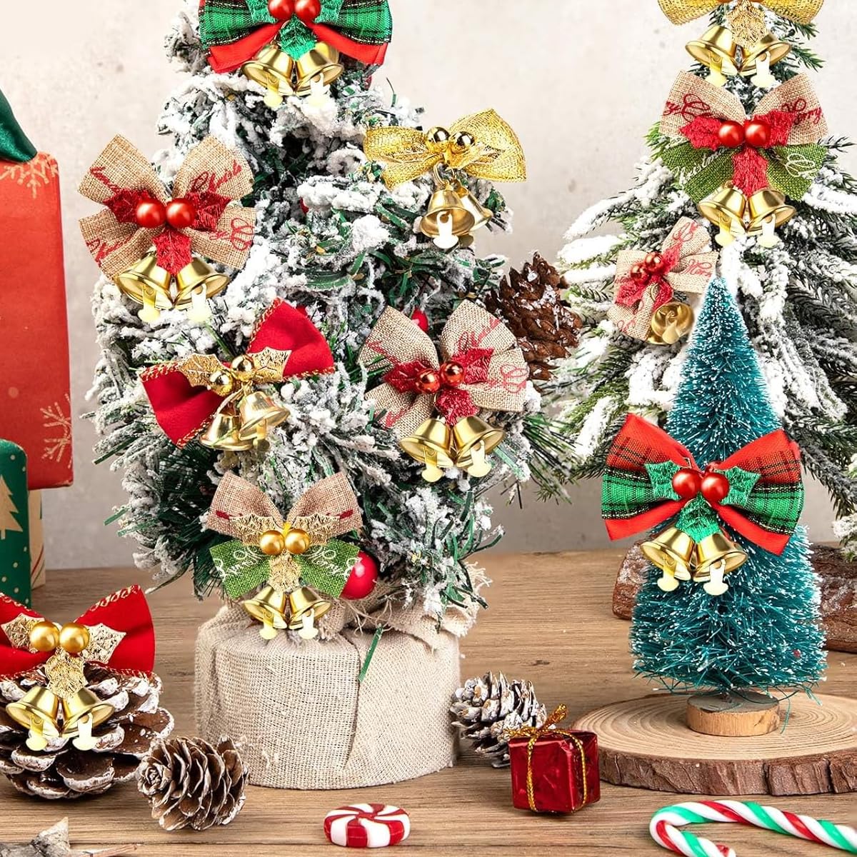 HASTHIP Christmas Bows with Bells for Tree and Gift Decor featuring Linen Ribbon | 8PCS