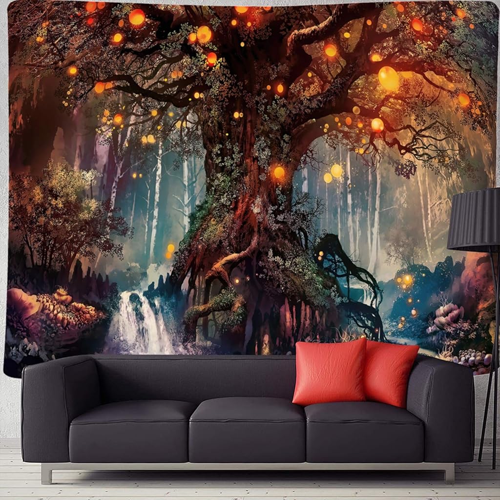 HASTHIP® Tree of Life Tapestry Magical Forest Polyester Psychedelic Wall TV Background for Living Room 50X60 Inches Brown 3PCS