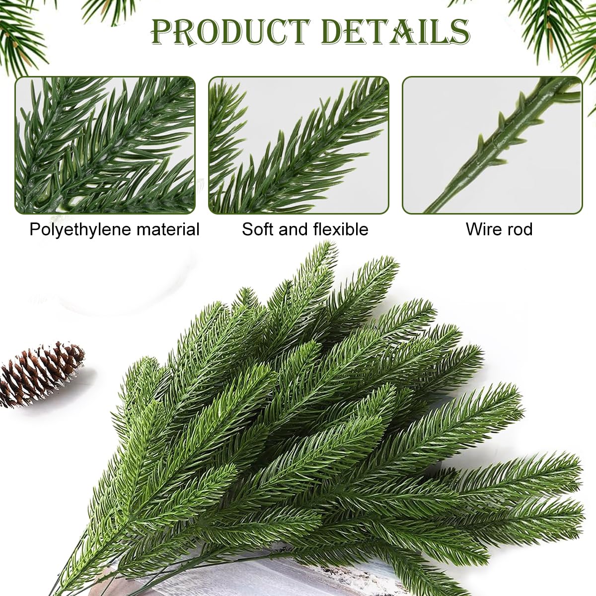 HASTHIP 30pcs Realistic Pine Branches for Christmas Decoration 10inches Pin Needle Branches Home Decor DIY Christmas Realistic Green Decoration for Vase, Table Setting, Garland Wreath