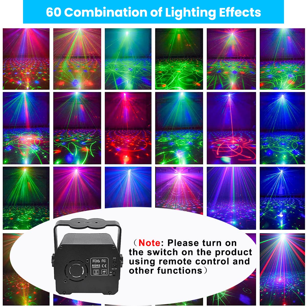 ELEPHANTBOAT DJ Light Party Disco Light for Home Party with 60 Pattern & 128 RGB Squares | Remote Control Sound Active Modes