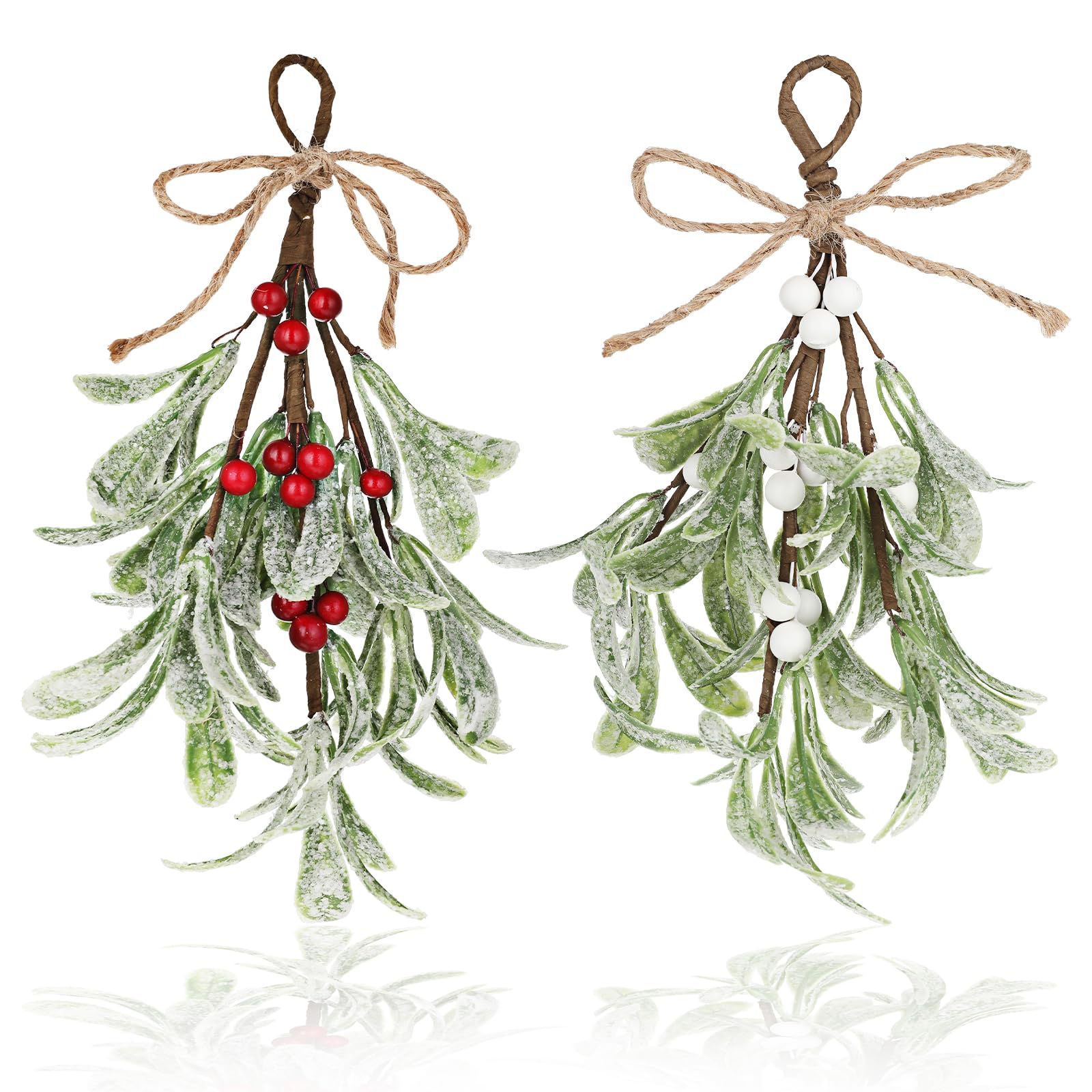 HASTHIP® 2 PCS Christmas Mistletoe Decor, Artificial Mistletoe Flocked Branches with White Red Berries and Rope Bow Hanging Ornaments for Doors, Walls, Fireplaces Holiday Home Decorations
