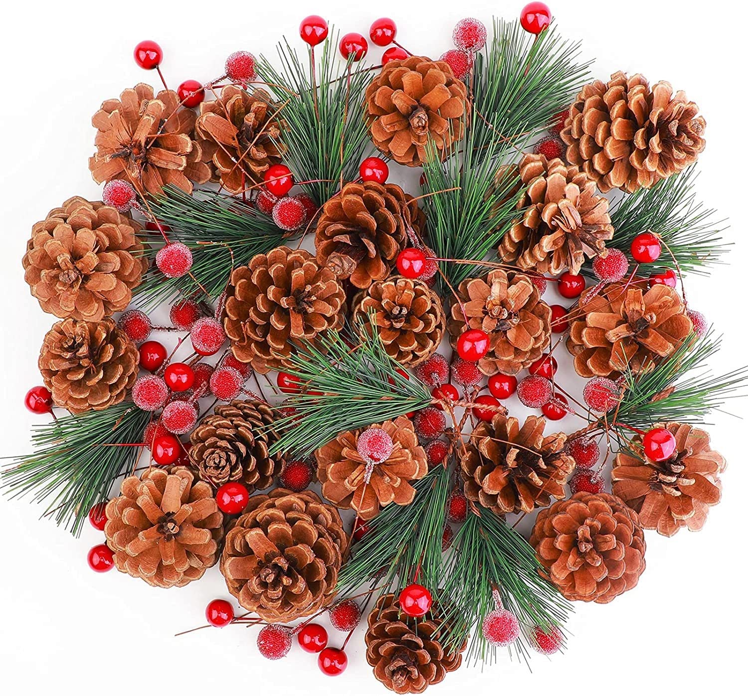 HASTHIP® 130 Pcs Christmas Tree Ornaments, Realistic Pinecones with 2 Sizes, Red Berries, Frosted Berries & Pine Tree Branch Charms, Festival Decors DIY Wreath, Flower Bouquets Ornament