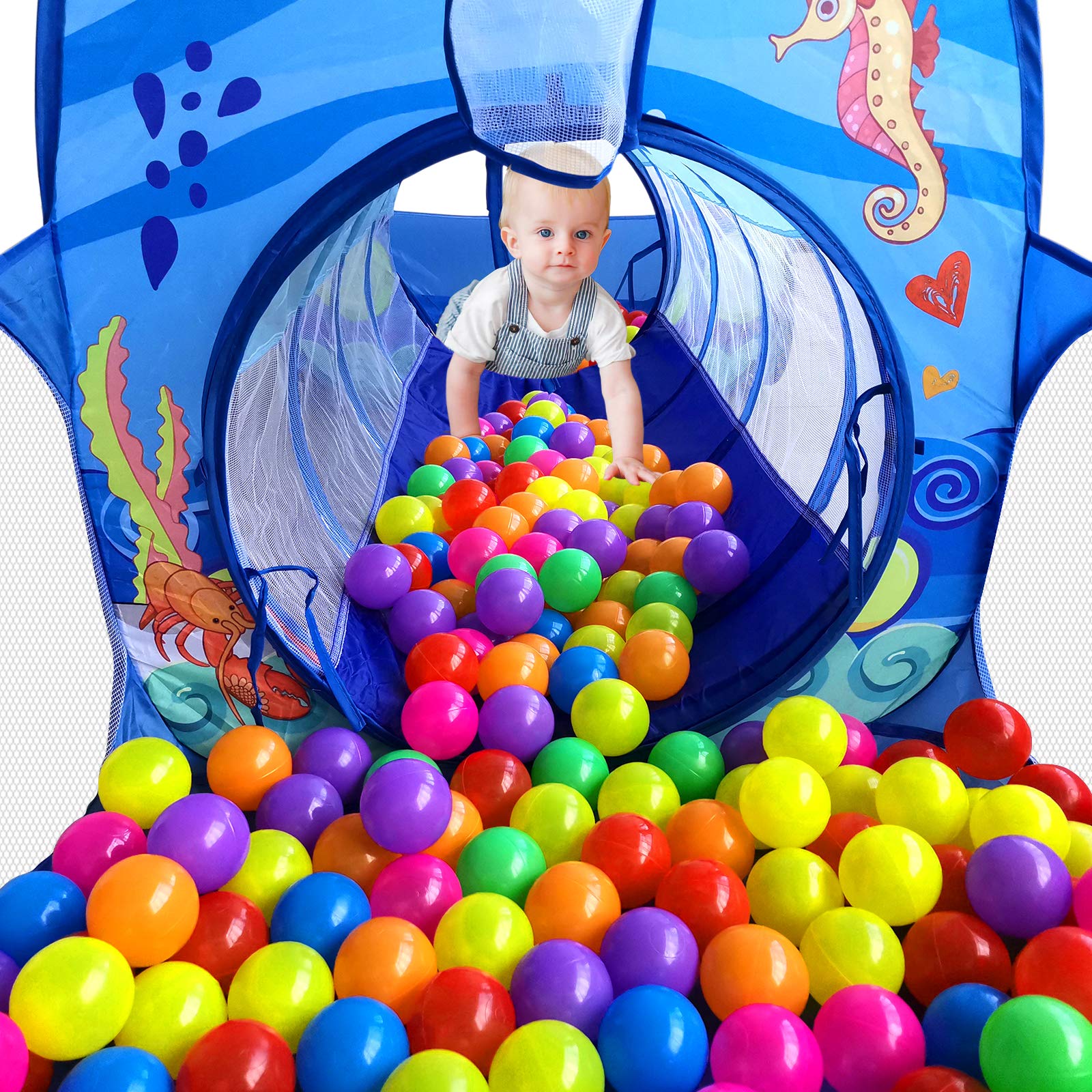 PATPAT 3 in 1 Marine Theme Play Tent for Kids with Tunnel and Ball Pool | Indoor Outdoor Toy