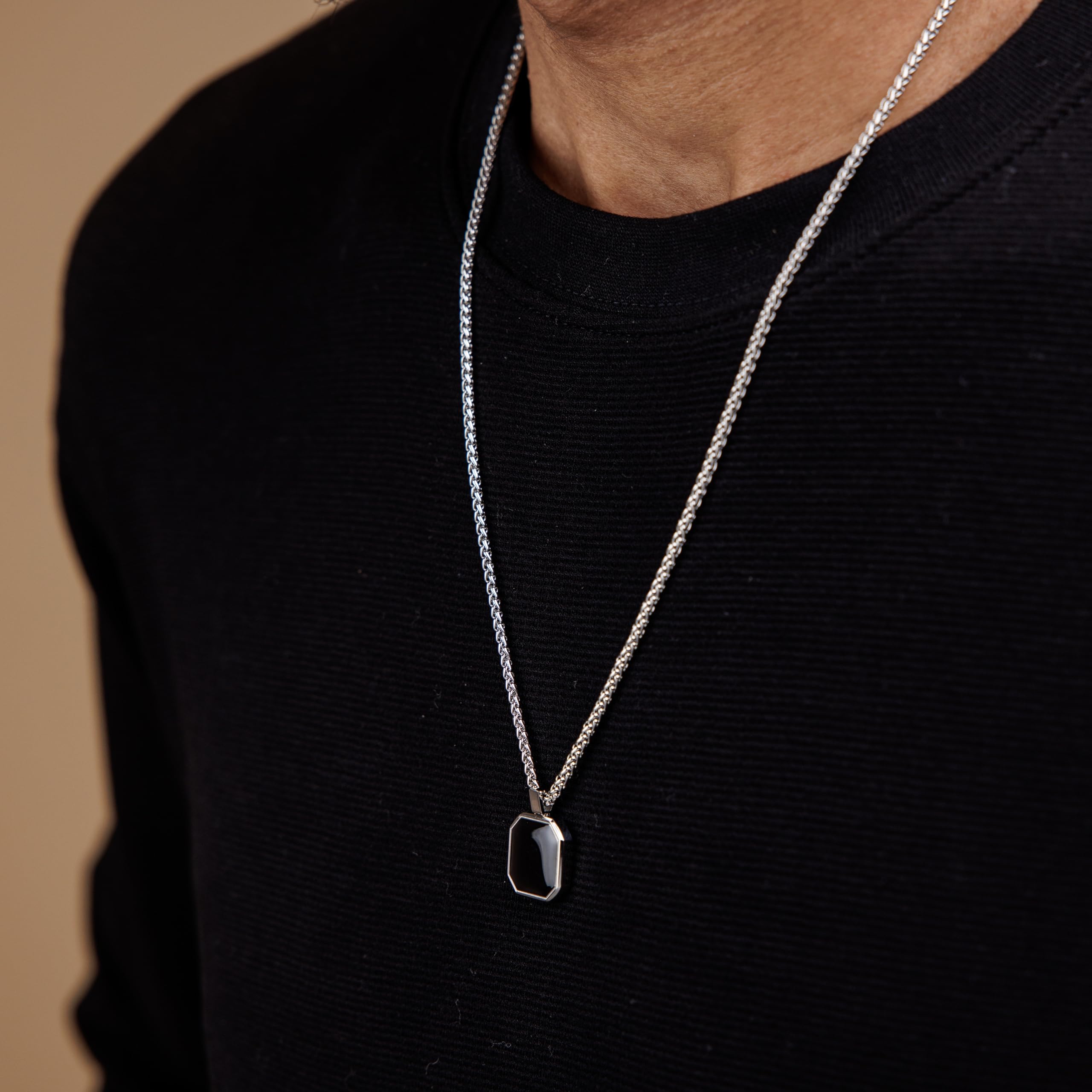 Zibuyu Men's Necklace with 1.57×0.39 in Black Square Pendant and 23.62 in Chain | Stainless Steel Gift for Men