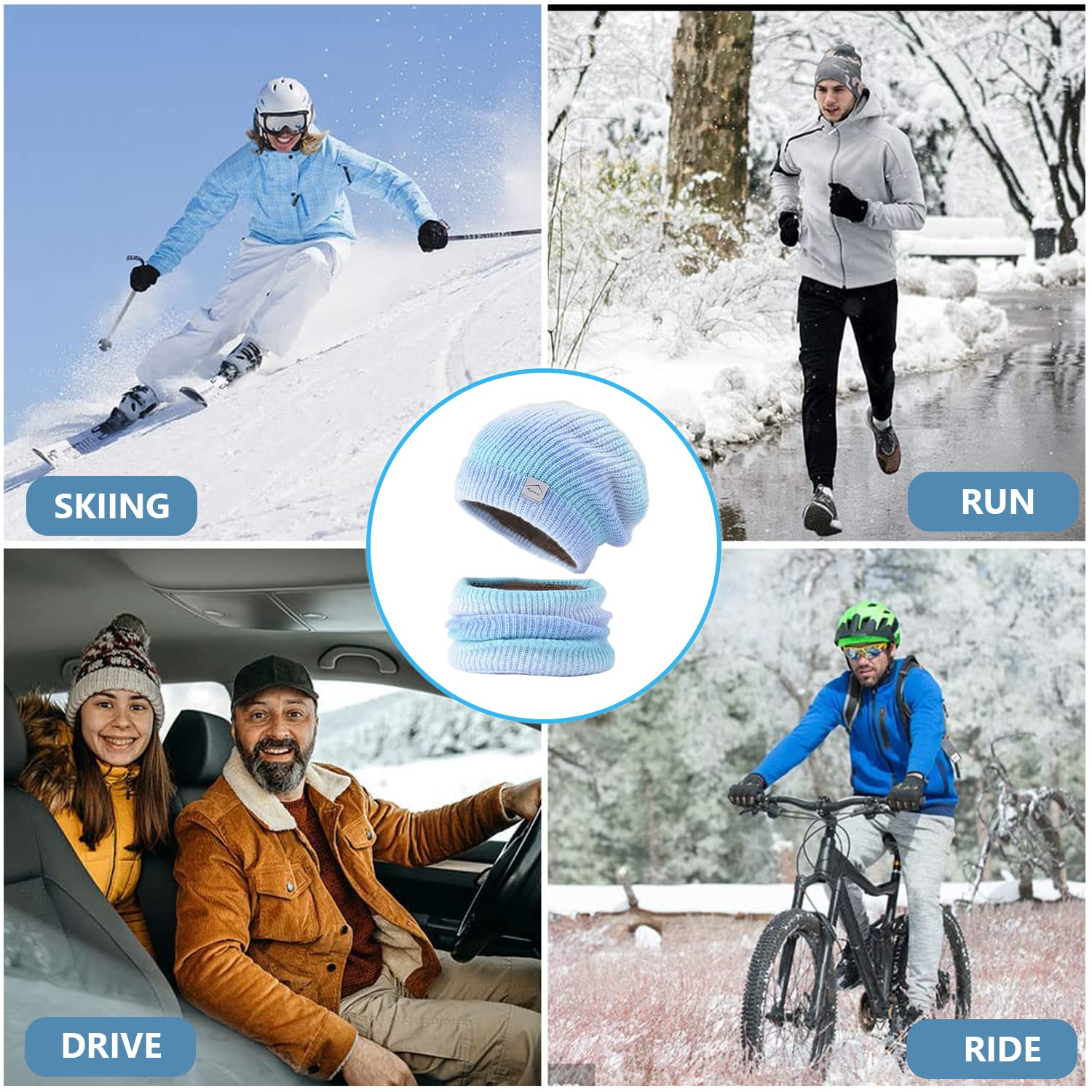 PALAY Beanie Cap for Women with Fleece Lining and Knitted Scarf Set 25×22cm Blue | Warm Winter Accessory