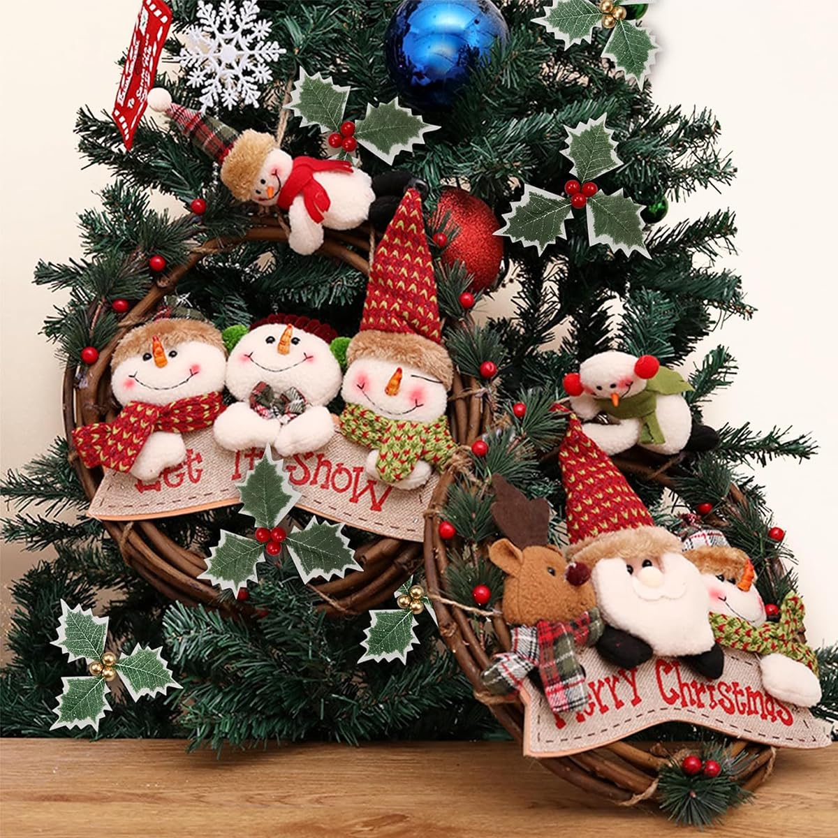 HASTHIP Holly Berries Christmas Decorations 30 Pcs for Tree Wreath & Home Decor | 13cm Gold and Red Artificial Leaves