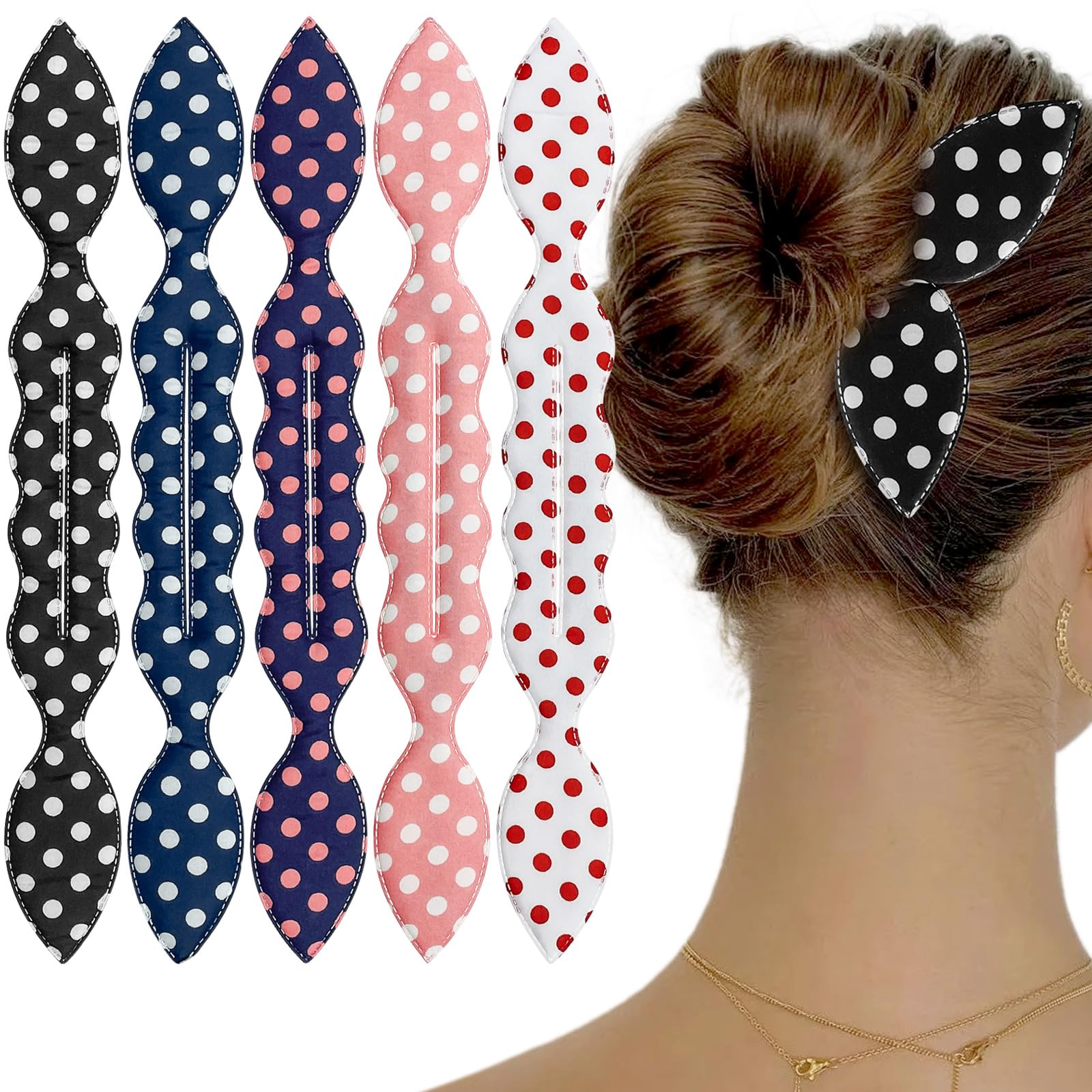 PALAY® 5Pcs Hair Bun Accessories for Women Girls Magic Bun Maker for Hair Elegant Rabbit Ear Hair Buns French Hairstyle Polka Dot Print Hair Bun Clips for Daily, Party, Wedding