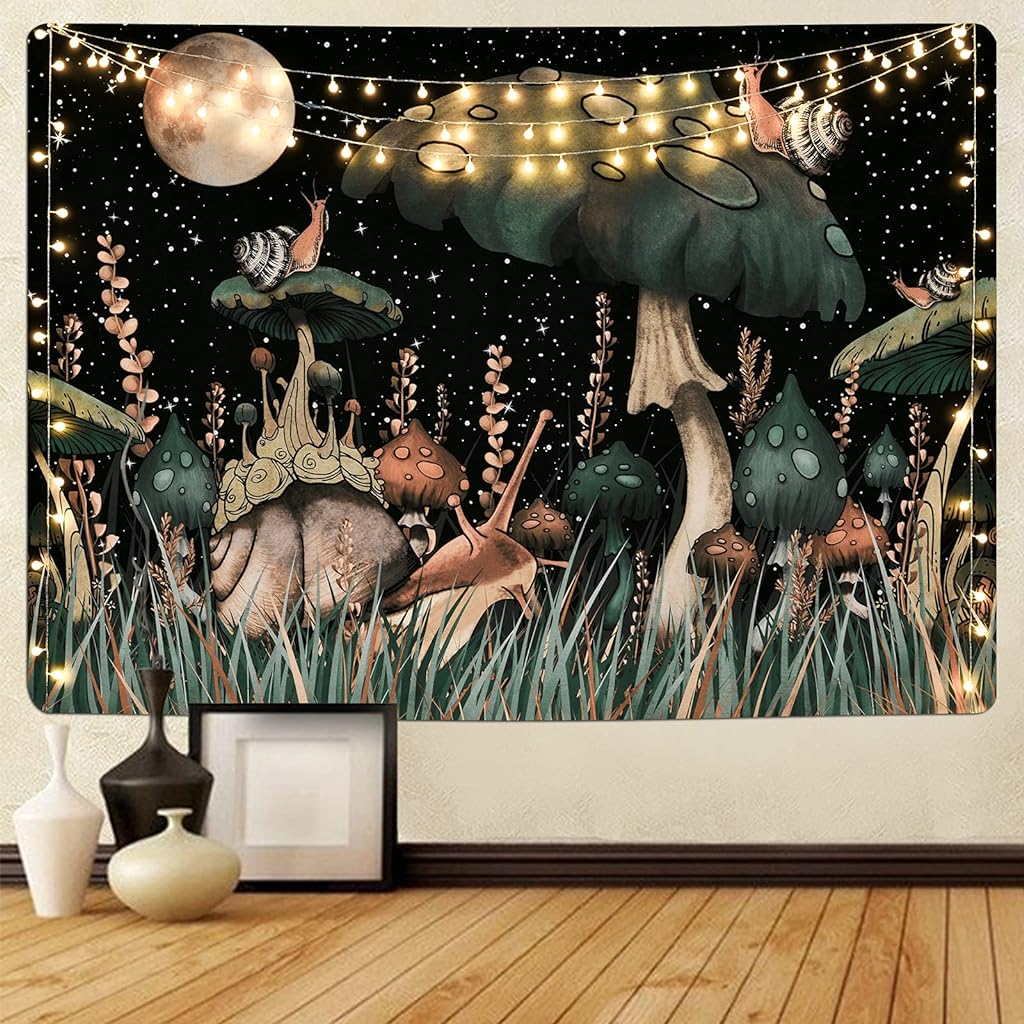 ELEPHANTBOAT® Trippy Moon/Stars/Snail Fantasy Plants and Leaves Wall Art Mushroom Tapestry, Bed Cover Wall Hanging for Room(51.2 x 59.1 inches)