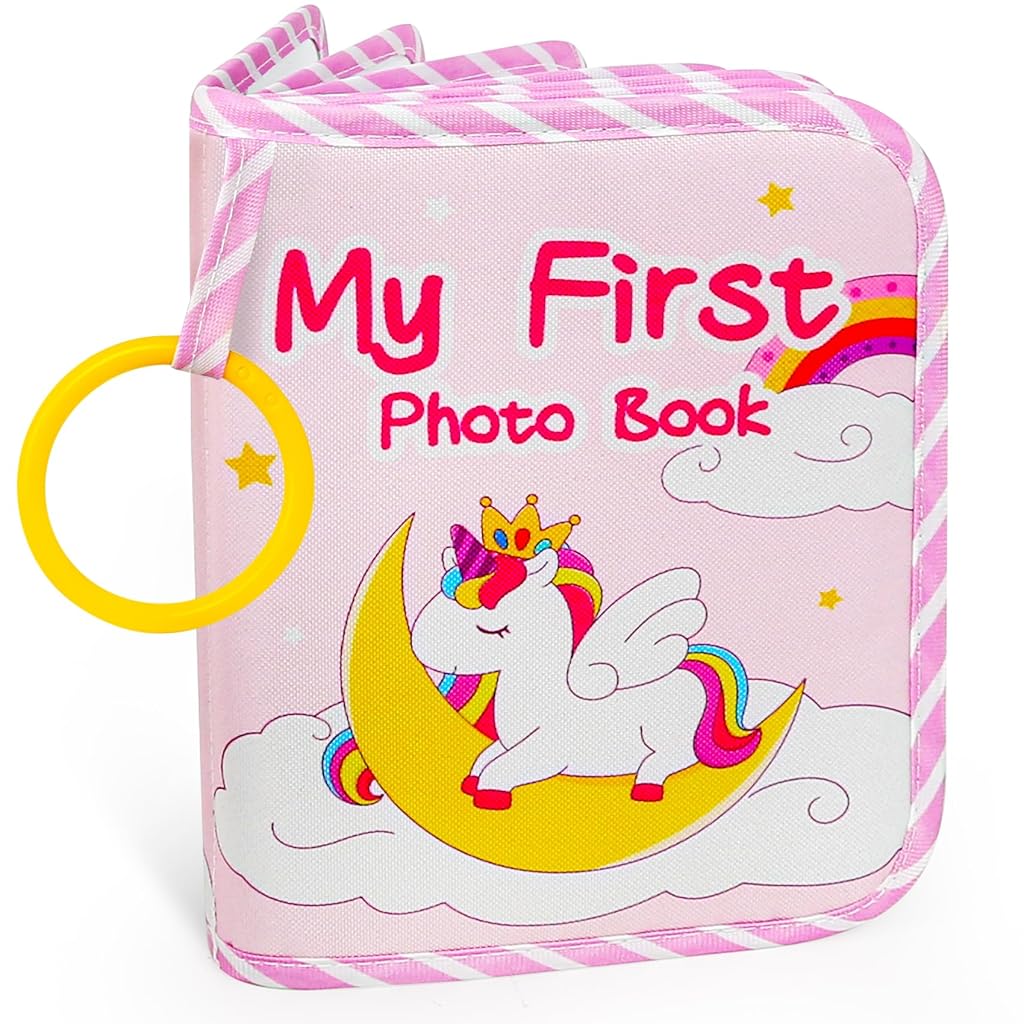SNOWIE SOFT® Baby Photo Album Baby Memory Book for 5/6'' Photoes Cartoon Unicorn Photo Album with 17 Pockets Sensory Stimulation Educational Photo Book Interactive Baby Memory Book