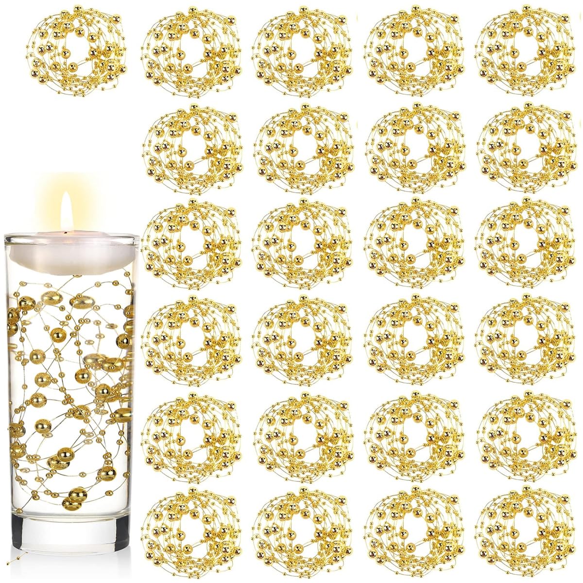 HASTHIP® 25Pcs Pearl String for Floating Candles Centerpiece, Faux Pearl Beads Vase Filler for Wedding Table Décor, Gold