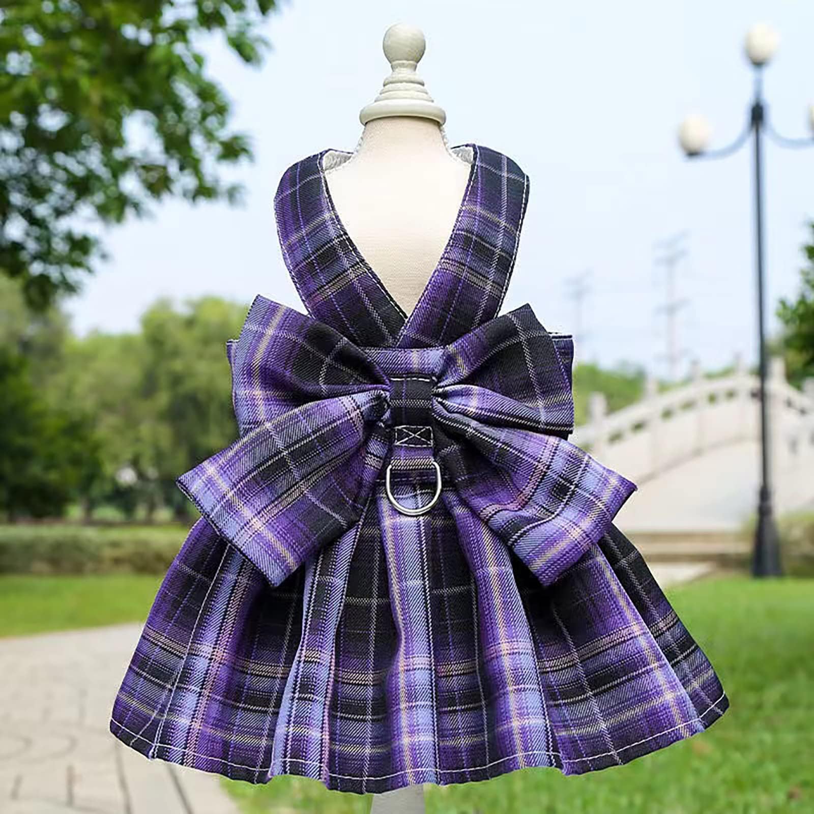 Qpets Dog Cat Dress for Daily Walking with 1.5m Leash and D Ring | Purple Plaid Bow Tie Skirt M