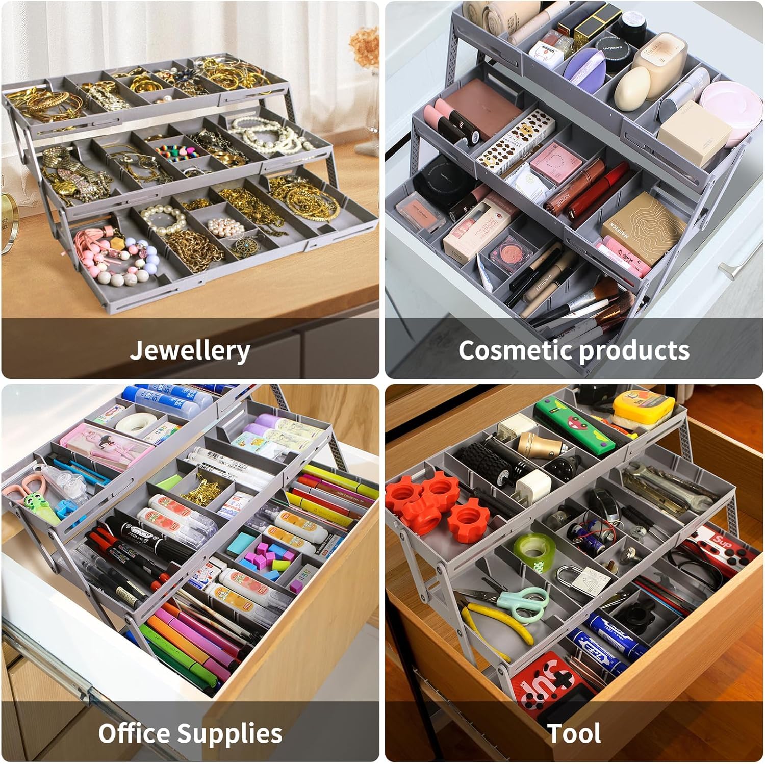 HASTHIP® Stackable Desk Organizer Case 3 Tier Multi Compartments Storage Box Tool Accessories Organizer Kitchen Tableware Storage Organizer Utility Organizer Case for Home, Kitchen, Garage