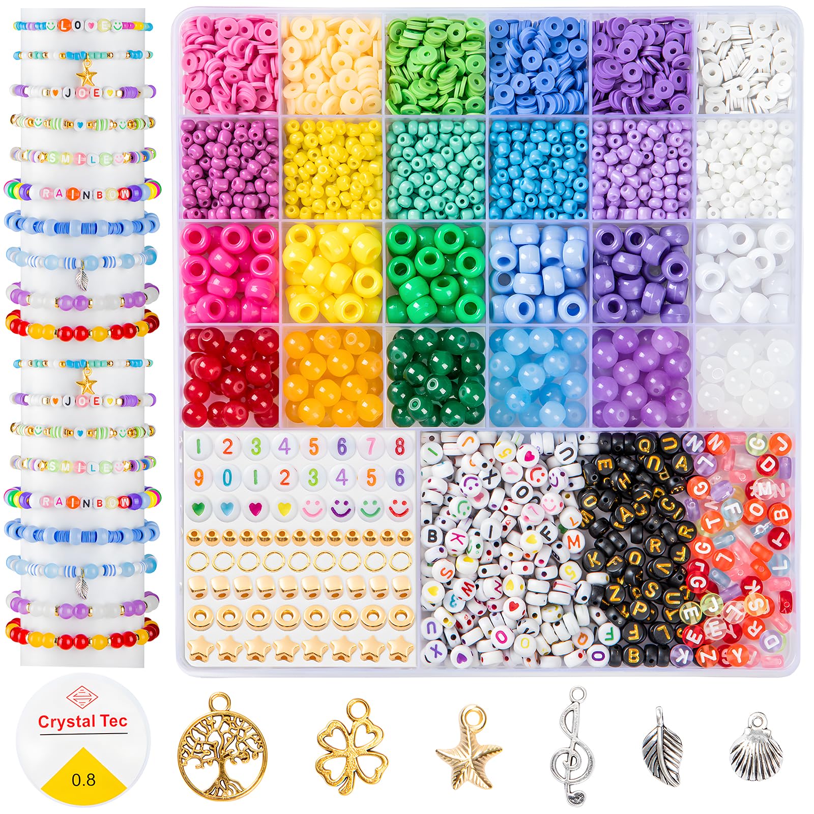 SANNIDHI® Friendship Bracelet Making Kit - 24 Colors Beads Kit for Bracelets with Clay/Seed/Pony Bead, 8mm Glass Bead, Letters and Charms, Jewelry Making Set Gift for Kids Girls 6-12