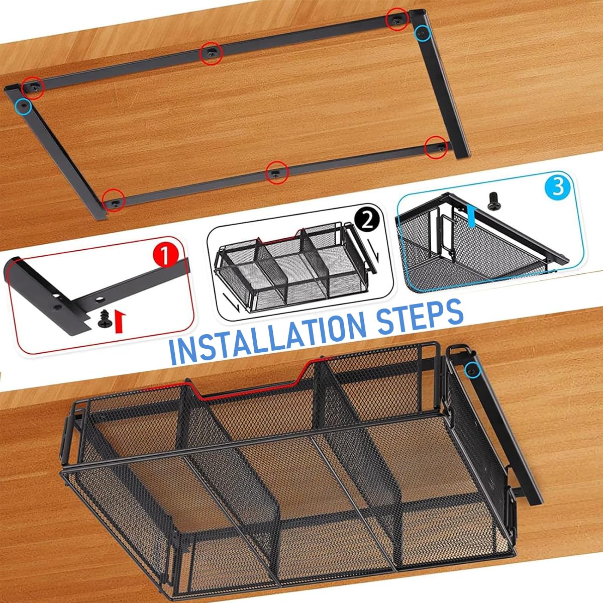 Zibuyu Under Desk Organizer for Office with Screw-Fixed Mesh Drawers 14.3 x 9.5 x 3.3 in | Space-Saving Storage Unit